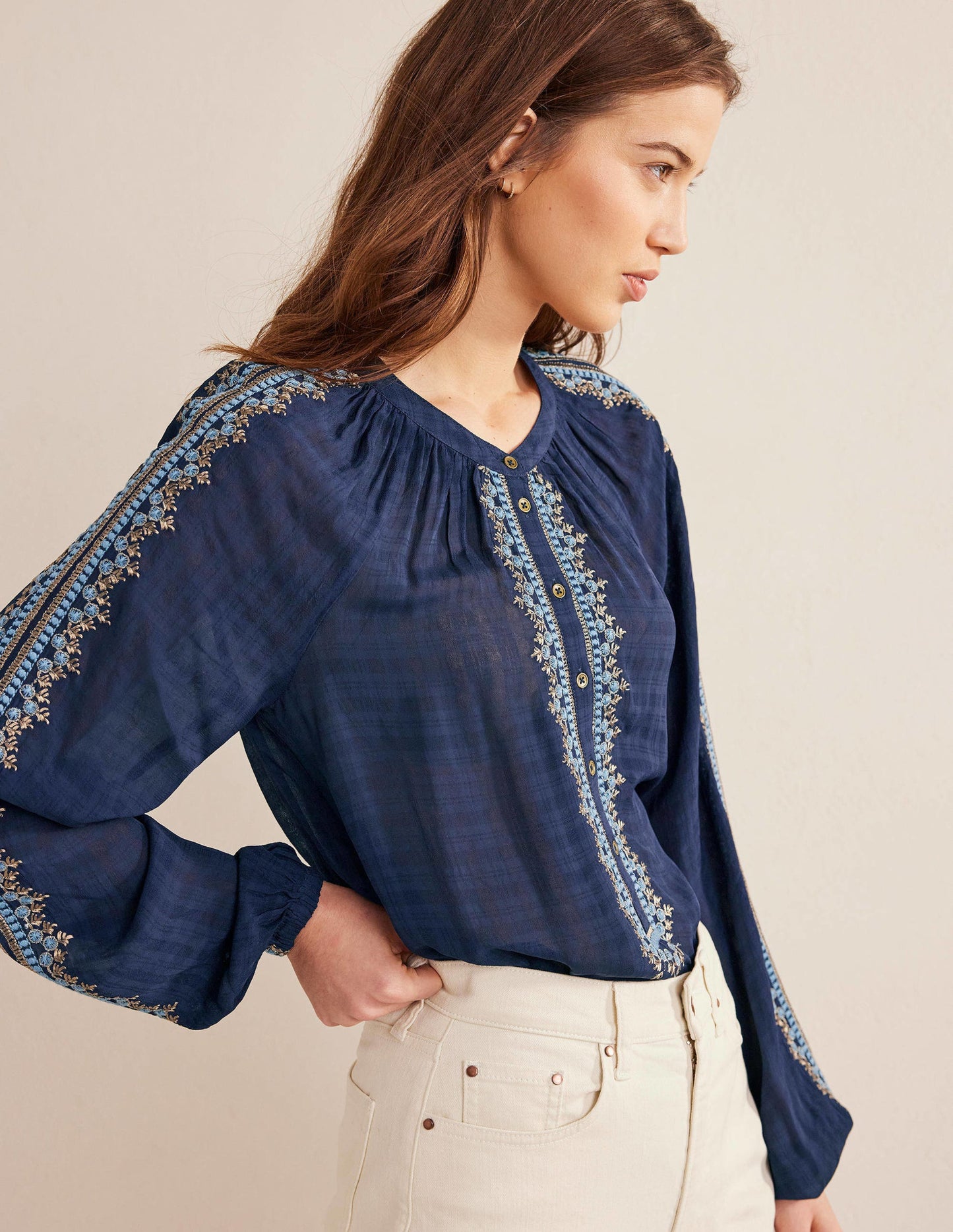 Embroidered Popover Blouse-Navy