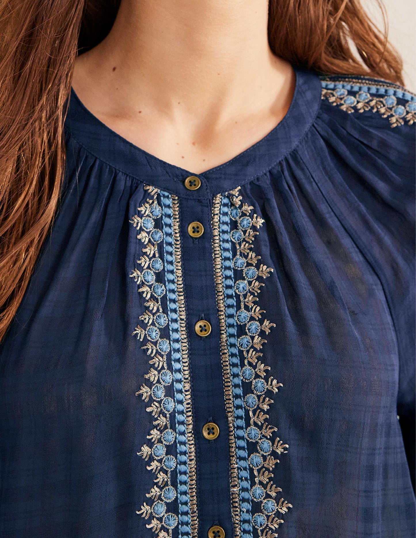 Embroidered Popover Blouse-Navy