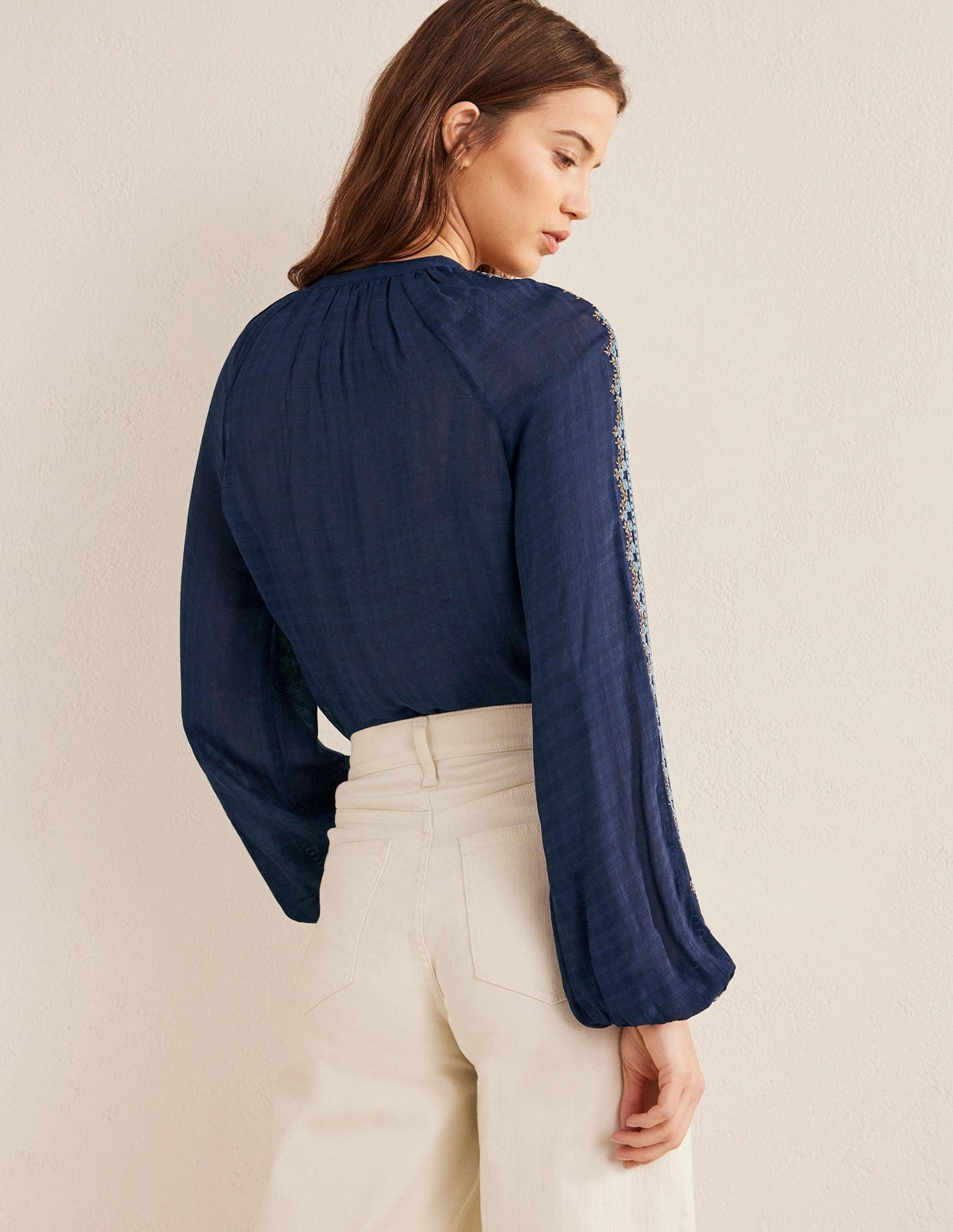 Embroidered Popover Blouse-Navy
