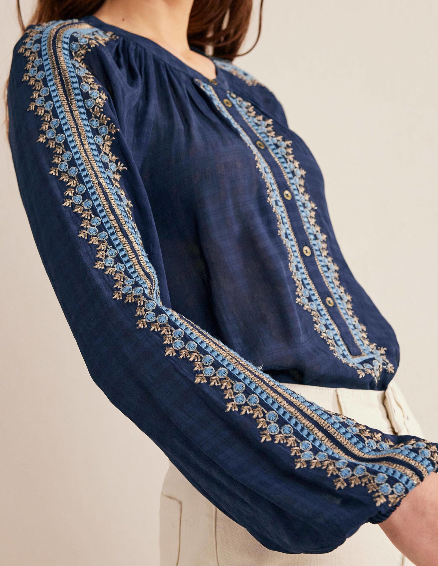 Embroidered Popover Blouse-Navy