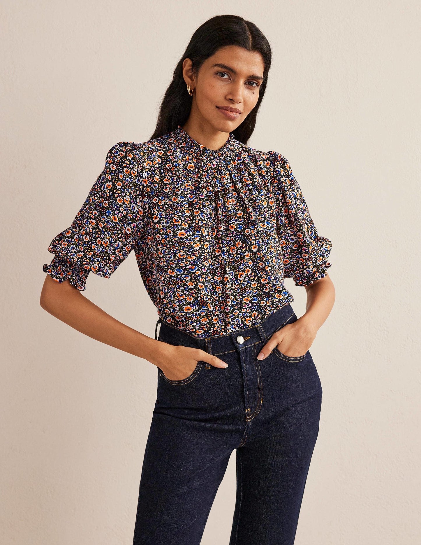 Smocked Detail Printed Top-Multi, Eden Bloom