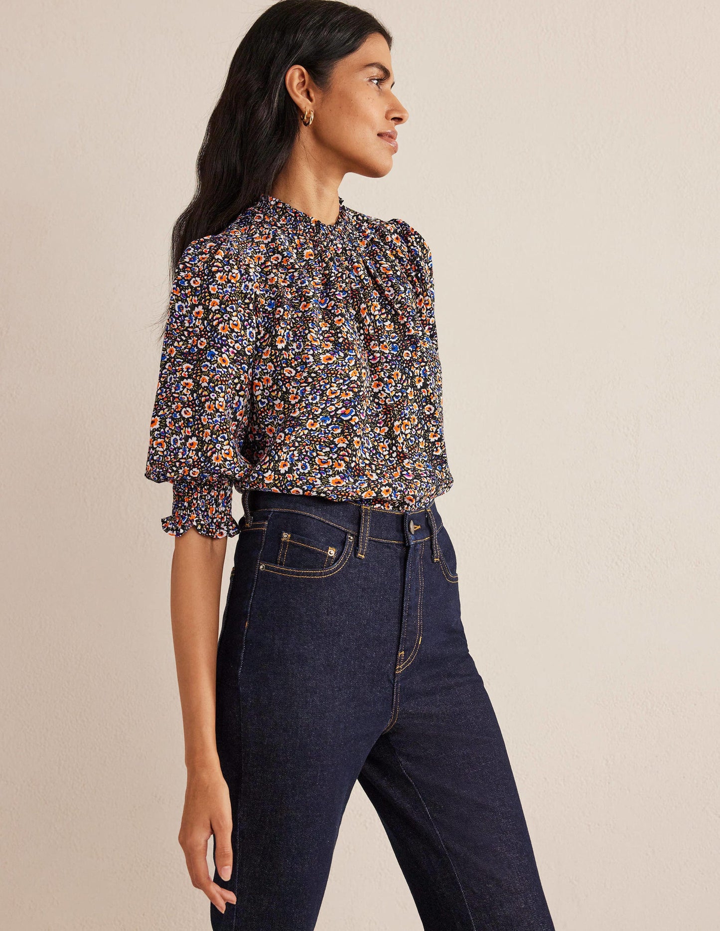 Smocked Detail Printed Top-Multi, Eden Bloom