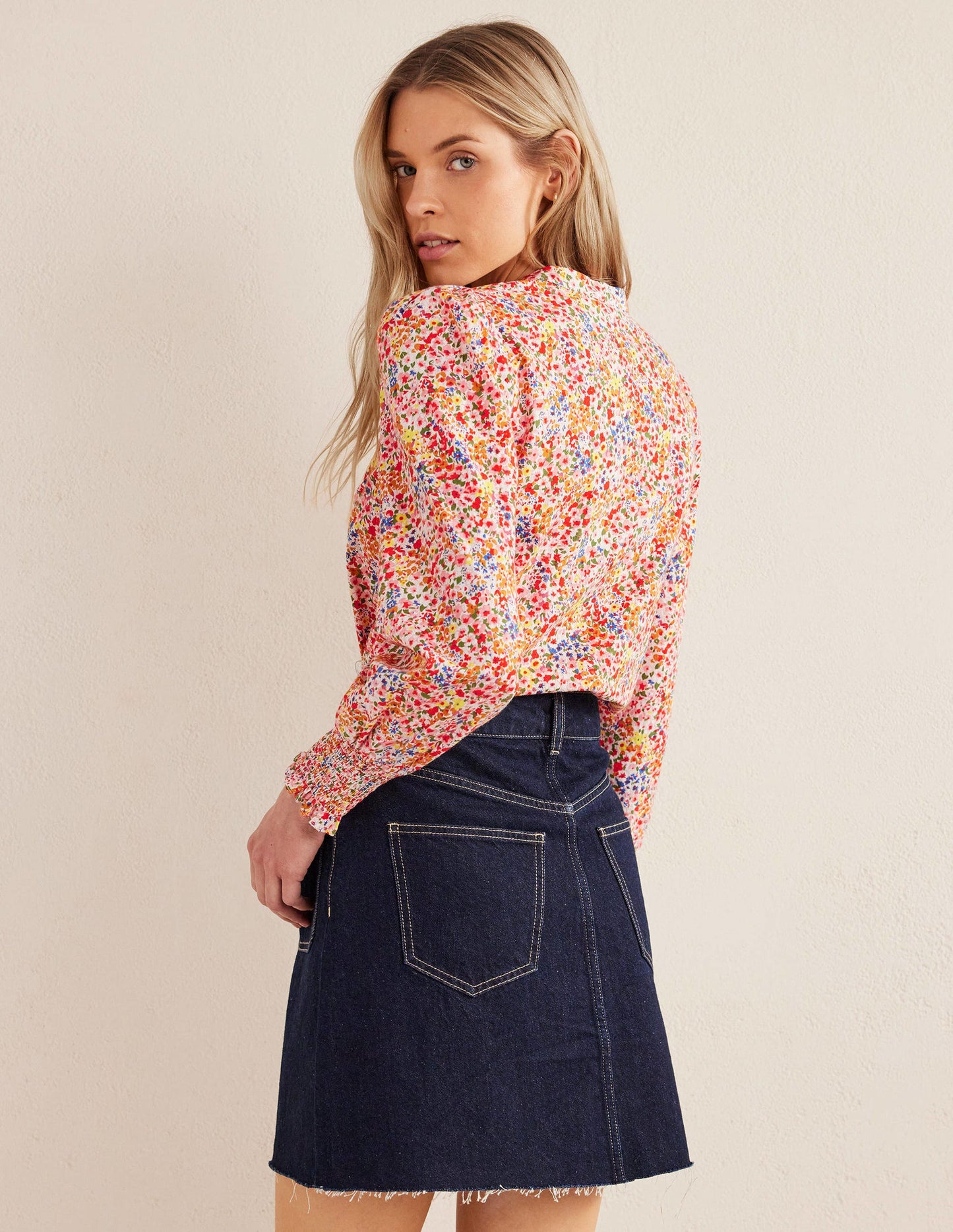 Smocked Cuff Shirt-Sunflower, Gardenia Petal