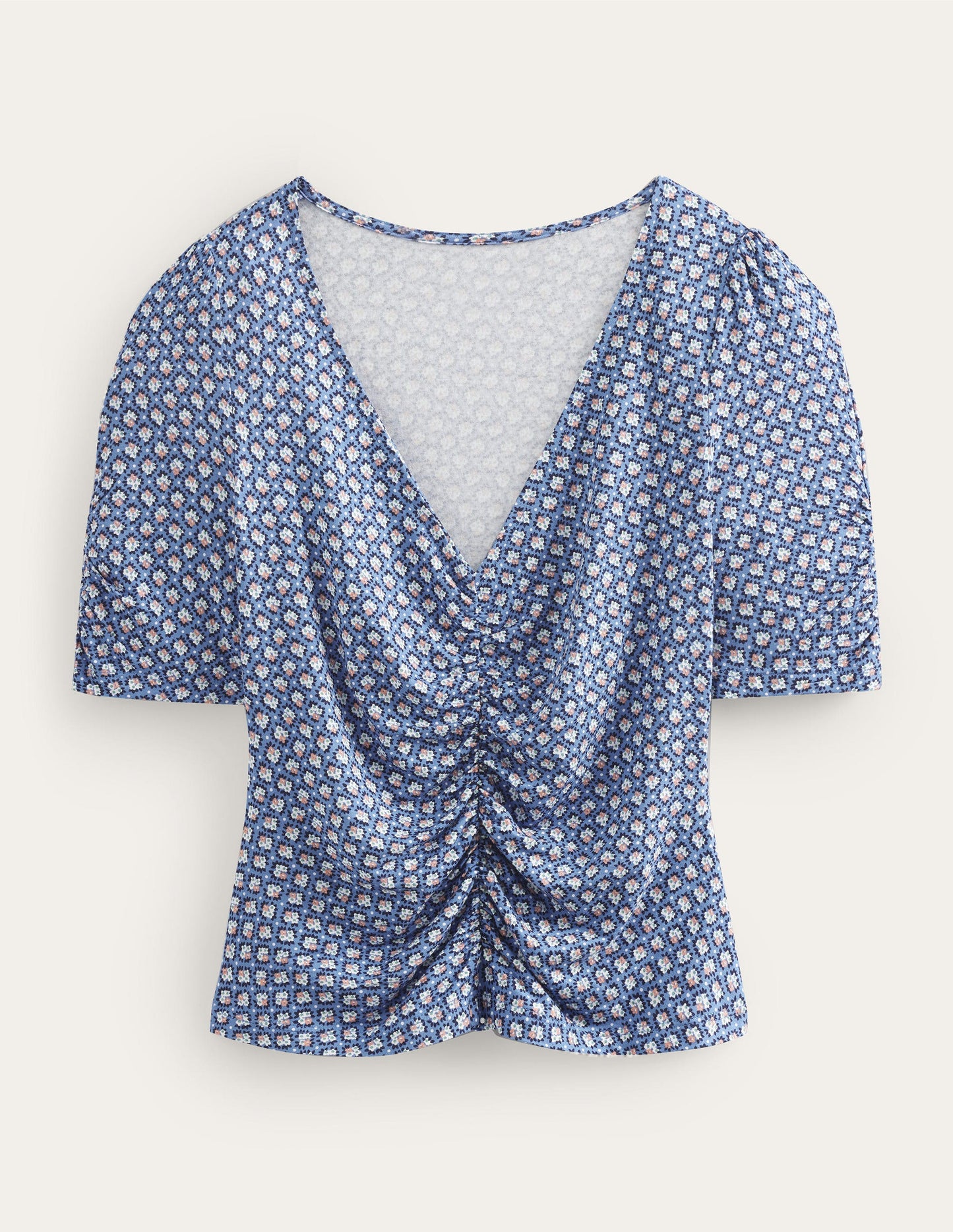 Ruched Front Printed Top-Porcelain Blue, Bloom Bud