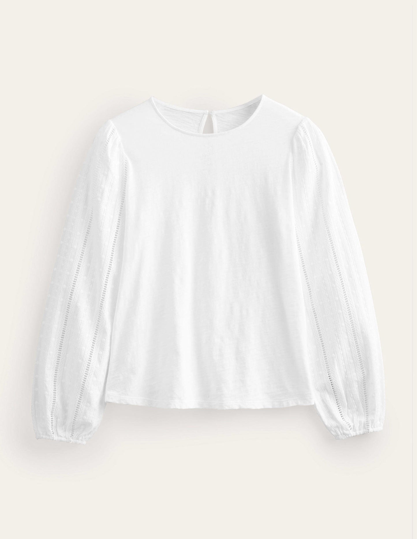 Crew Neck Broderie Sleeve Top-White