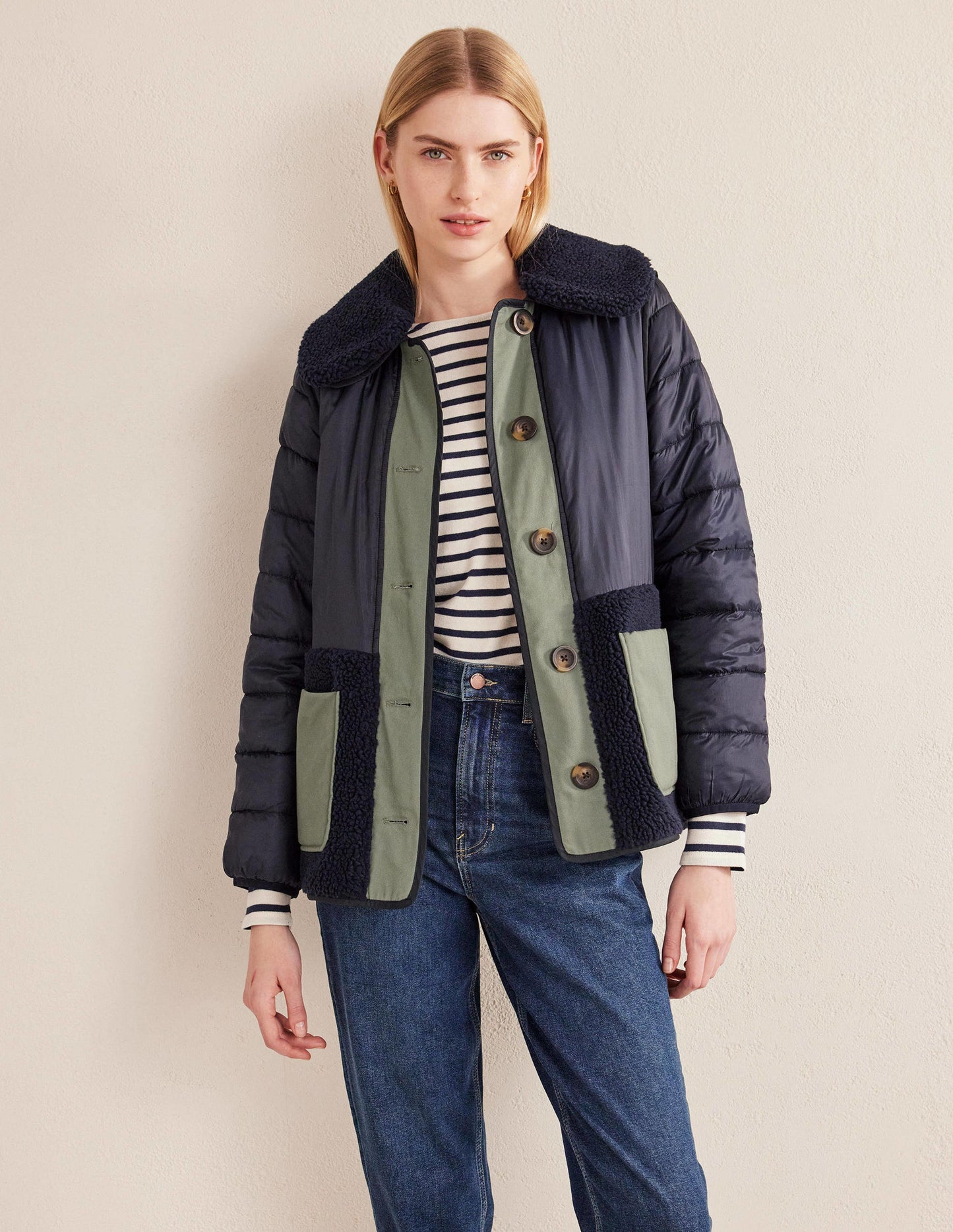 Quilted Borg Jacket-Navy