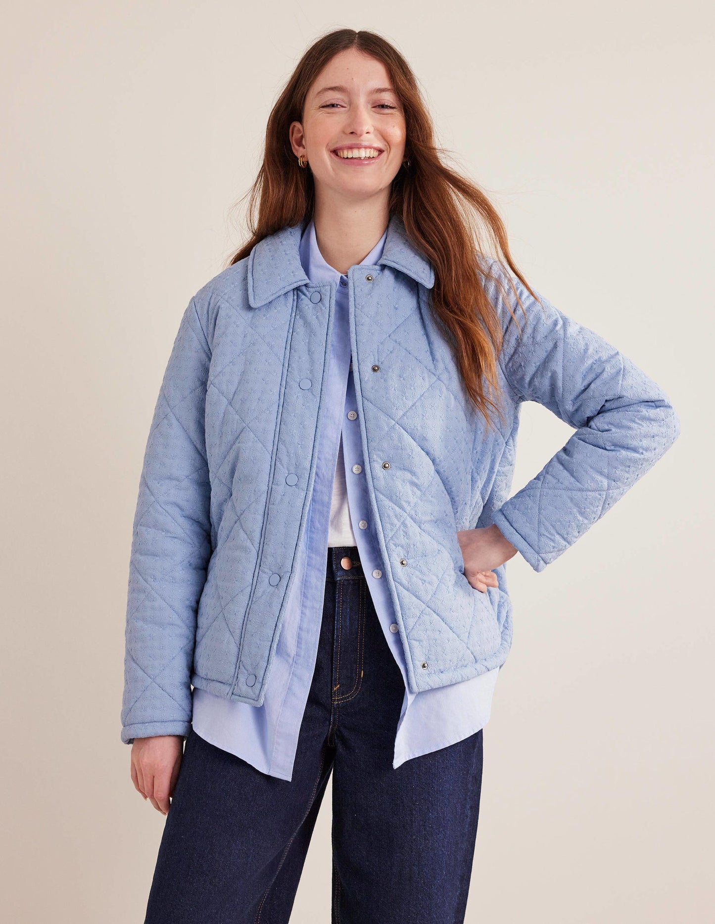 Broderie Quilted Cotton Jacket-Chambray