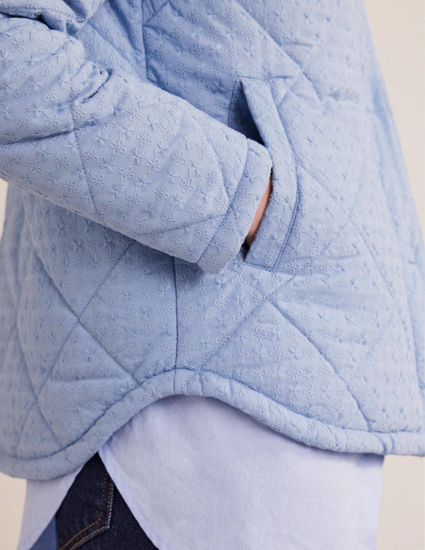 Broderie Quilted Cotton Jacket-Chambray
