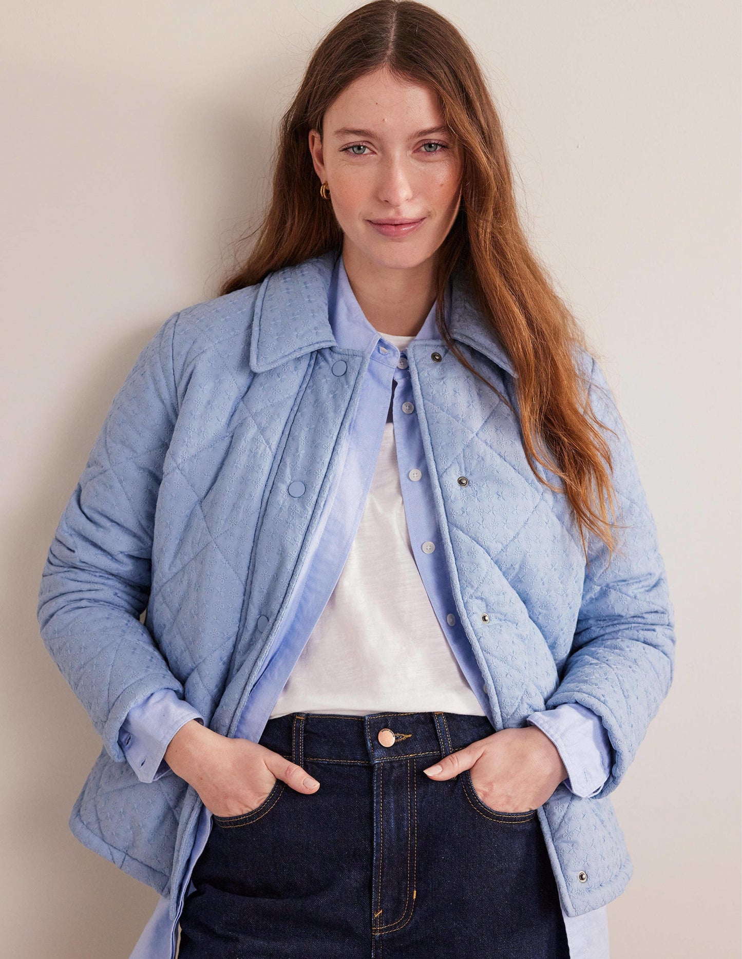 Broderie Quilted Cotton Jacket-Chambray