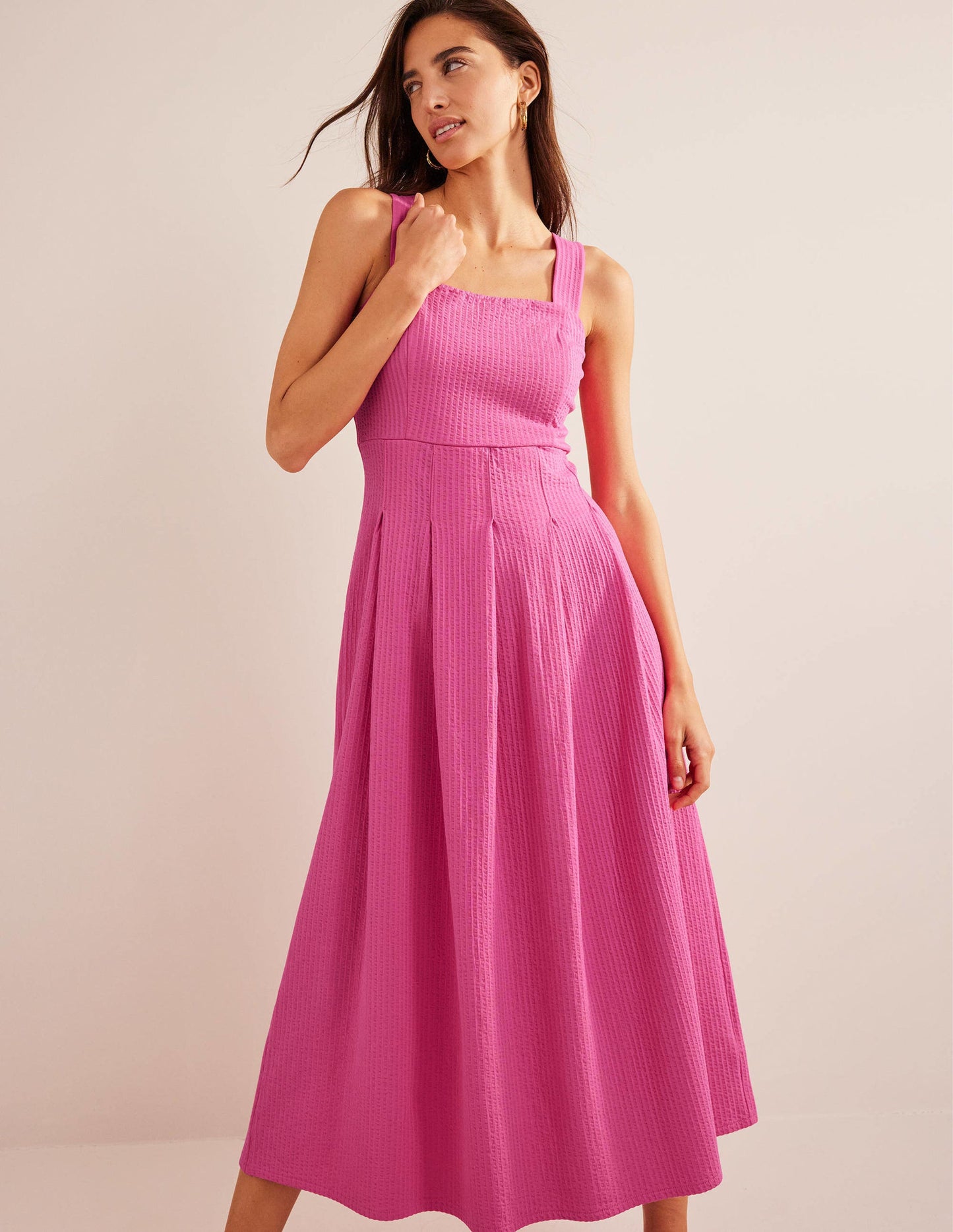 Strappy Seersucker Midi Dress-Festival Pink