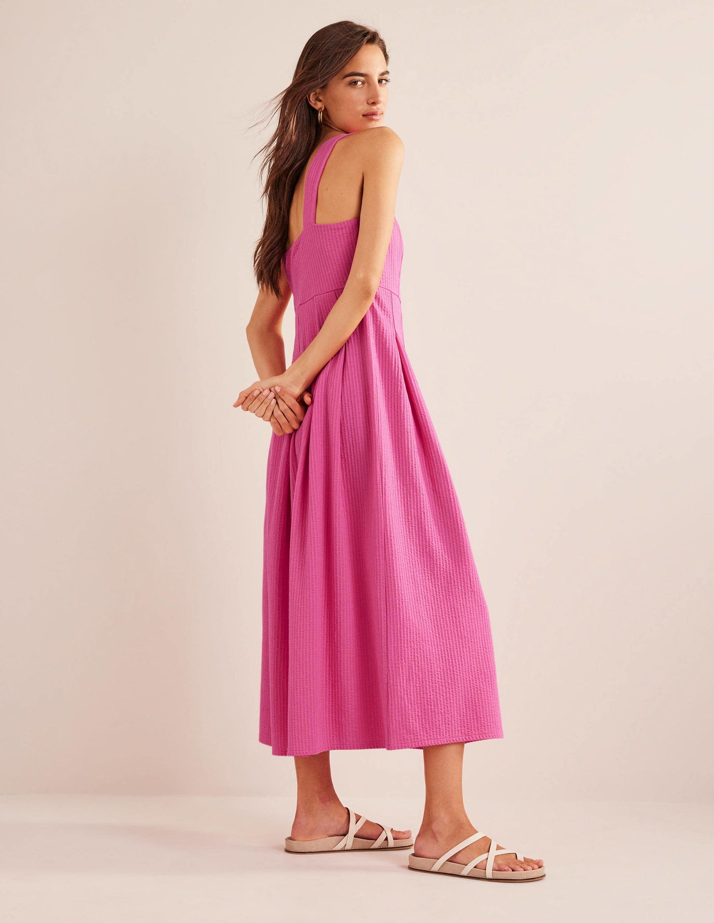 Strappy Seersucker Midi Dress-Festival Pink