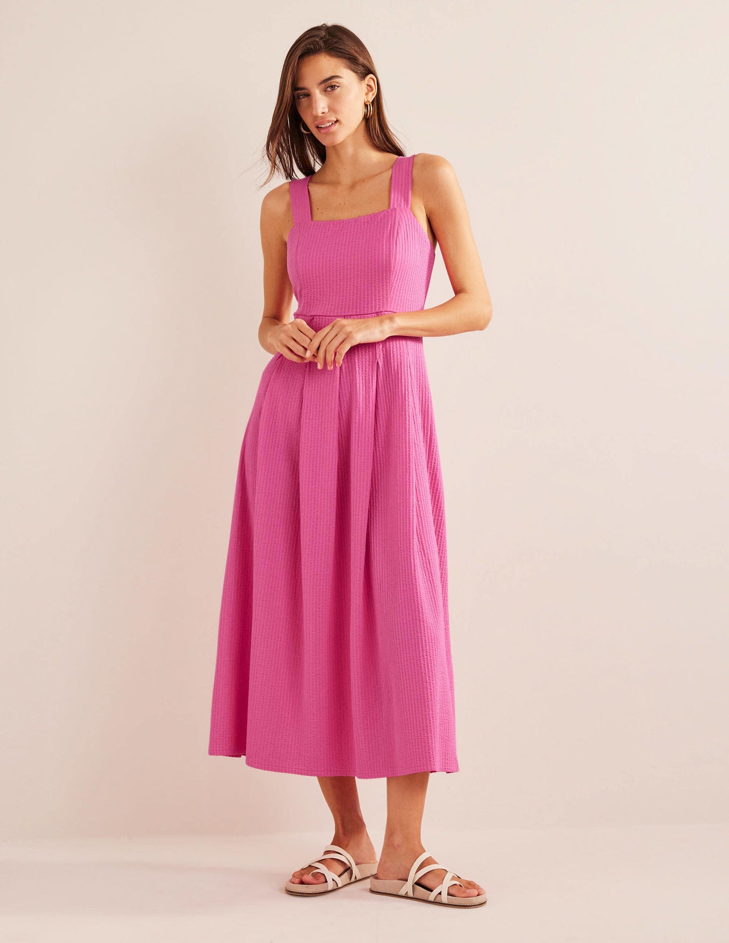 Strappy Seersucker Midi Dress-Festival Pink