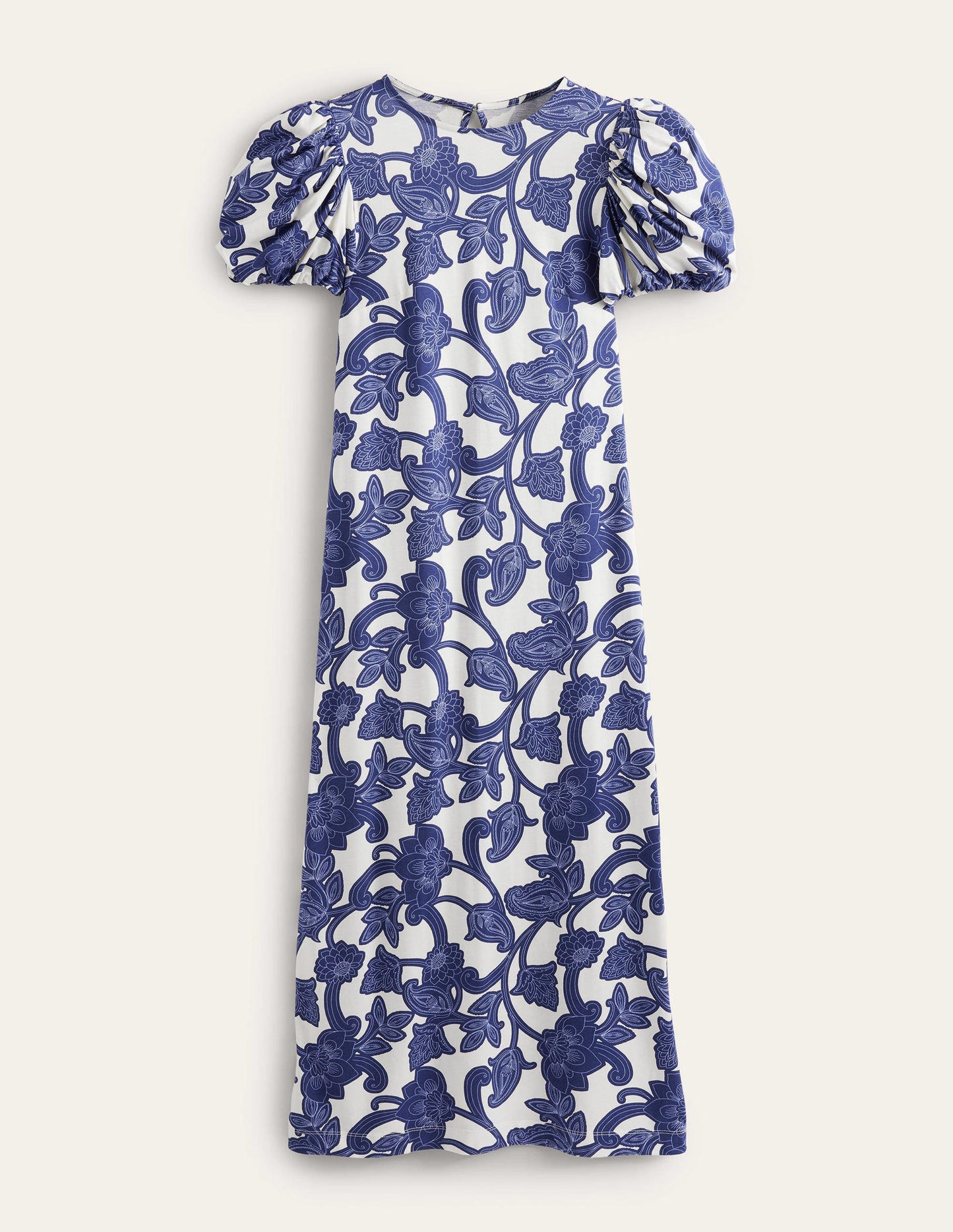 Puff Sleeve Jersey Midi Dress-Blue Ribbon, Paisley Whirl
