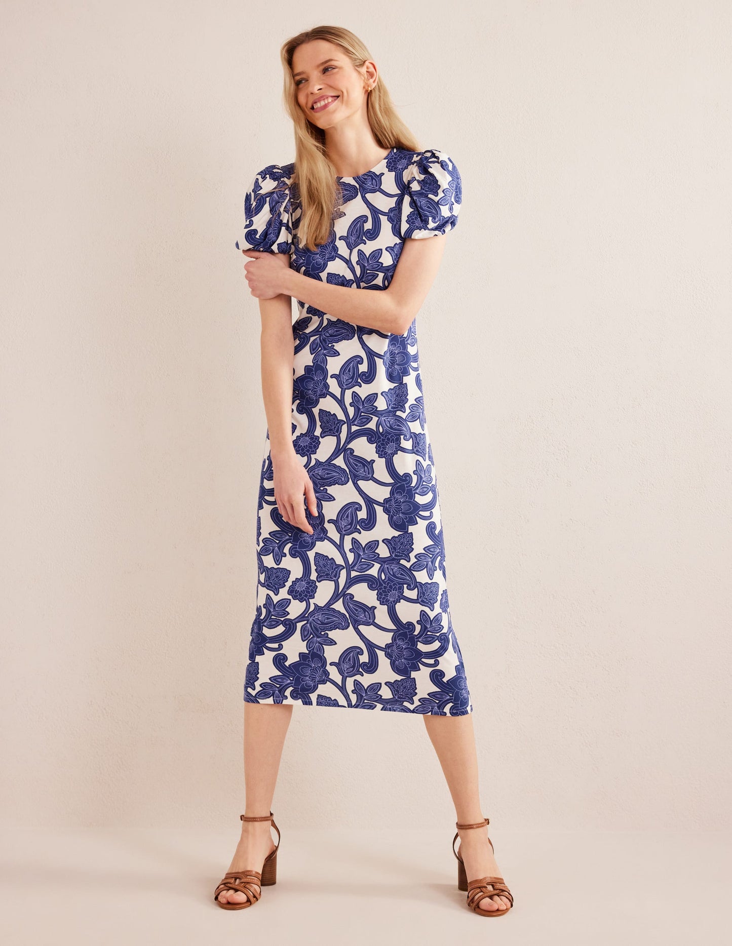 Puff Sleeve Jersey Midi Dress-Blue Ribbon, Paisley Whirl