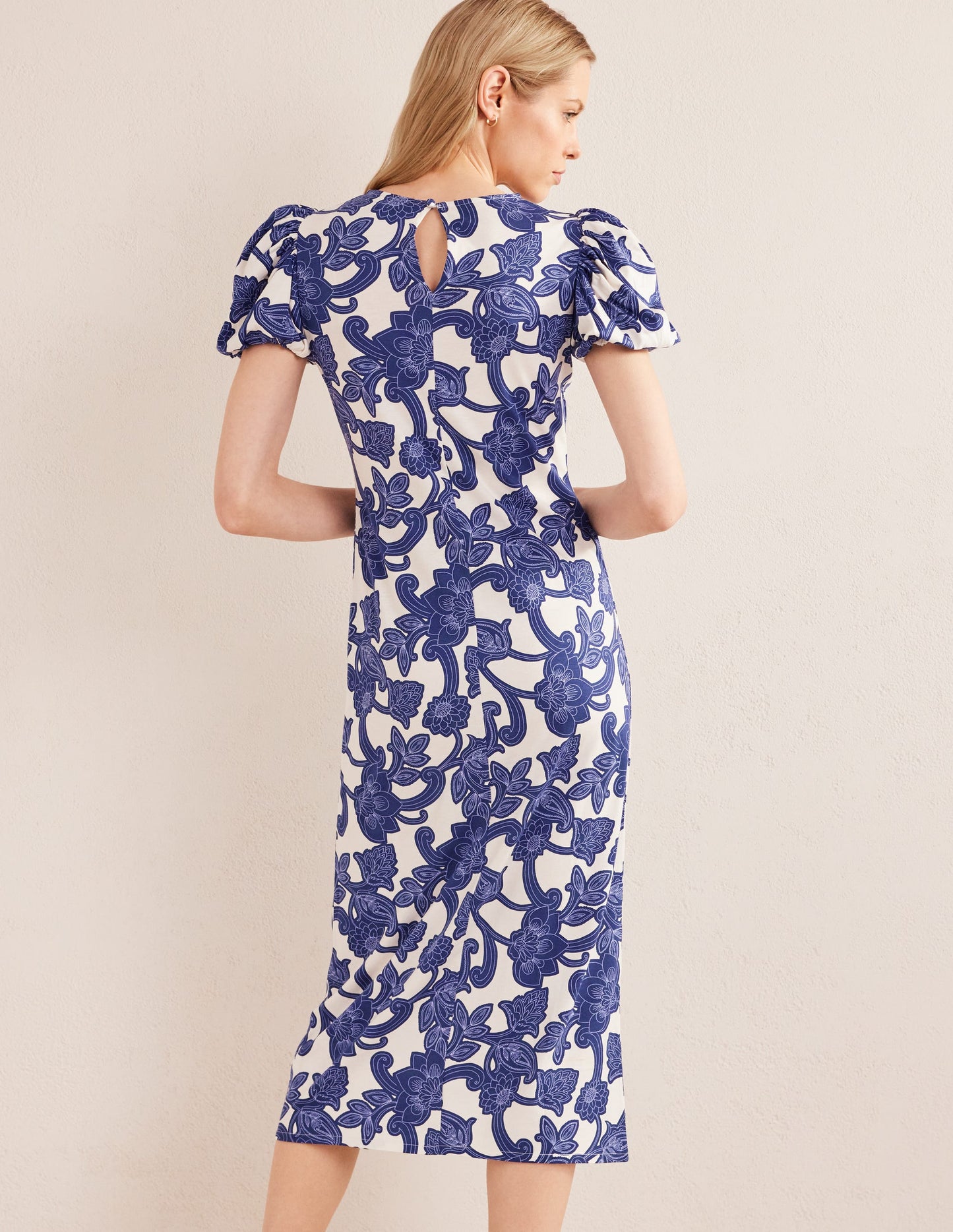 Puff Sleeve Jersey Midi Dress-Blue Ribbon, Paisley Whirl