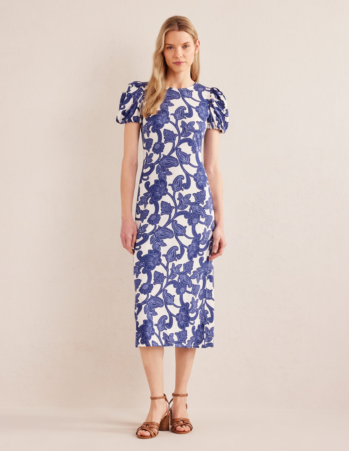 Puff Sleeve Jersey Midi Dress-Blue Ribbon, Paisley Whirl