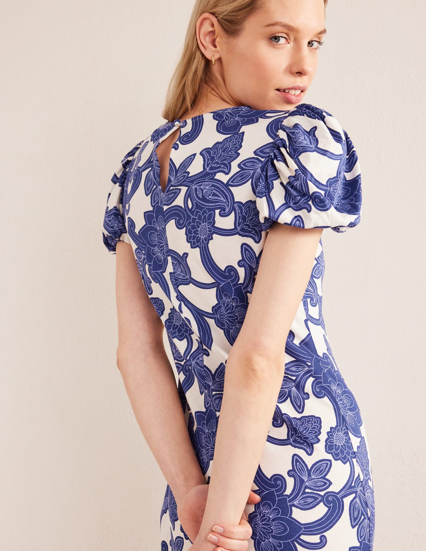 Puff Sleeve Jersey Midi Dress-Blue Ribbon, Paisley Whirl