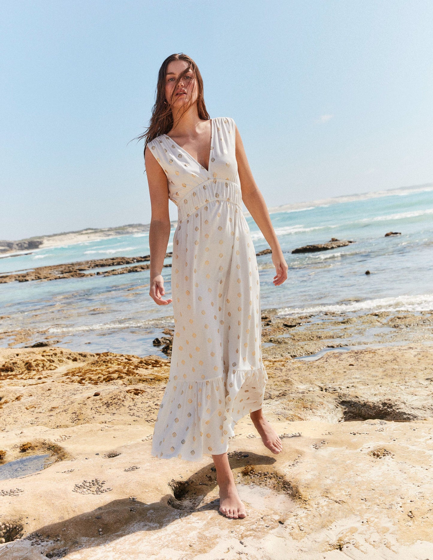 Smocked Jersey Maxi Dress-White, Tranquil Leaf