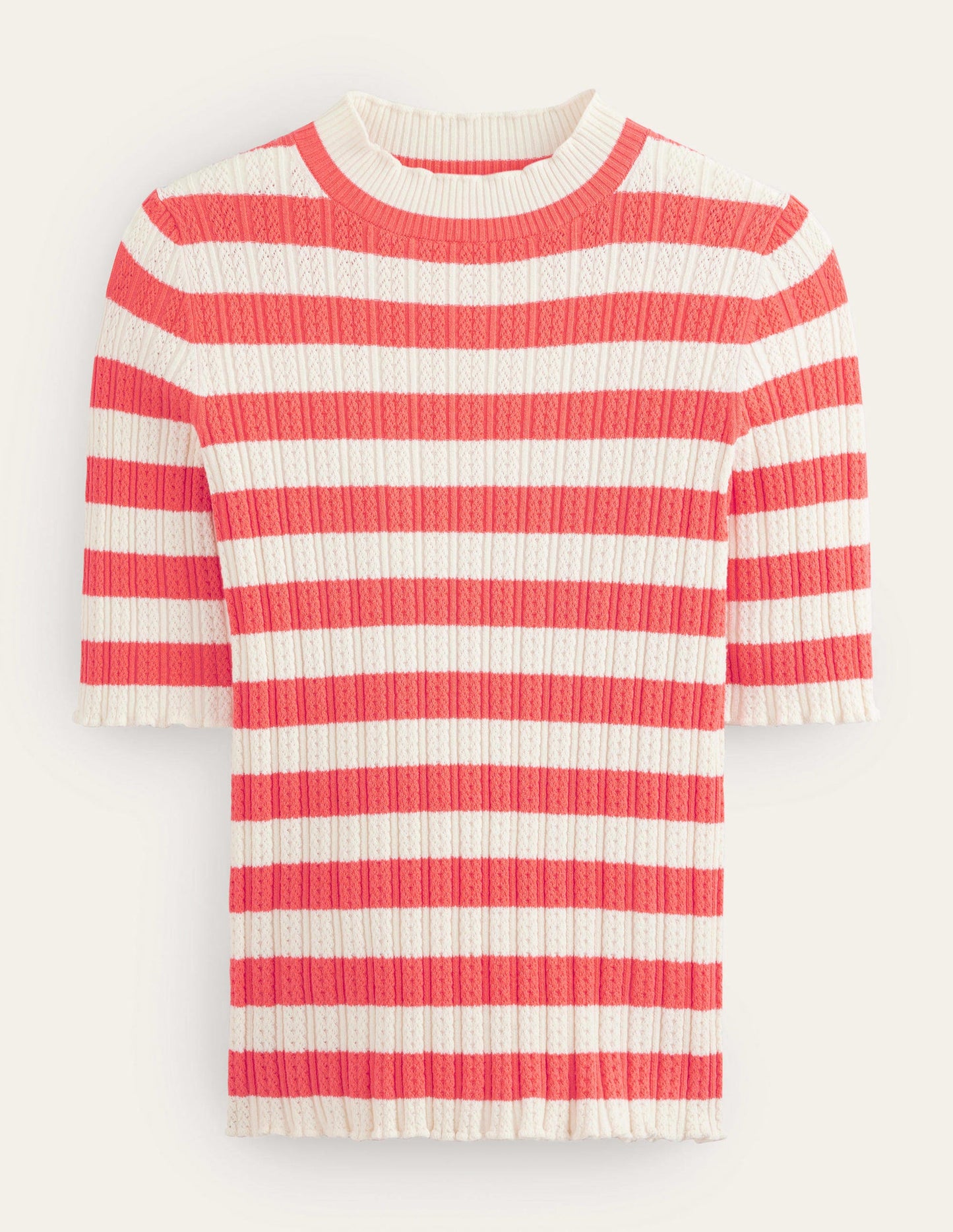 Ribbed Pointelle High Neck Top-Bright Watermelon Stripe