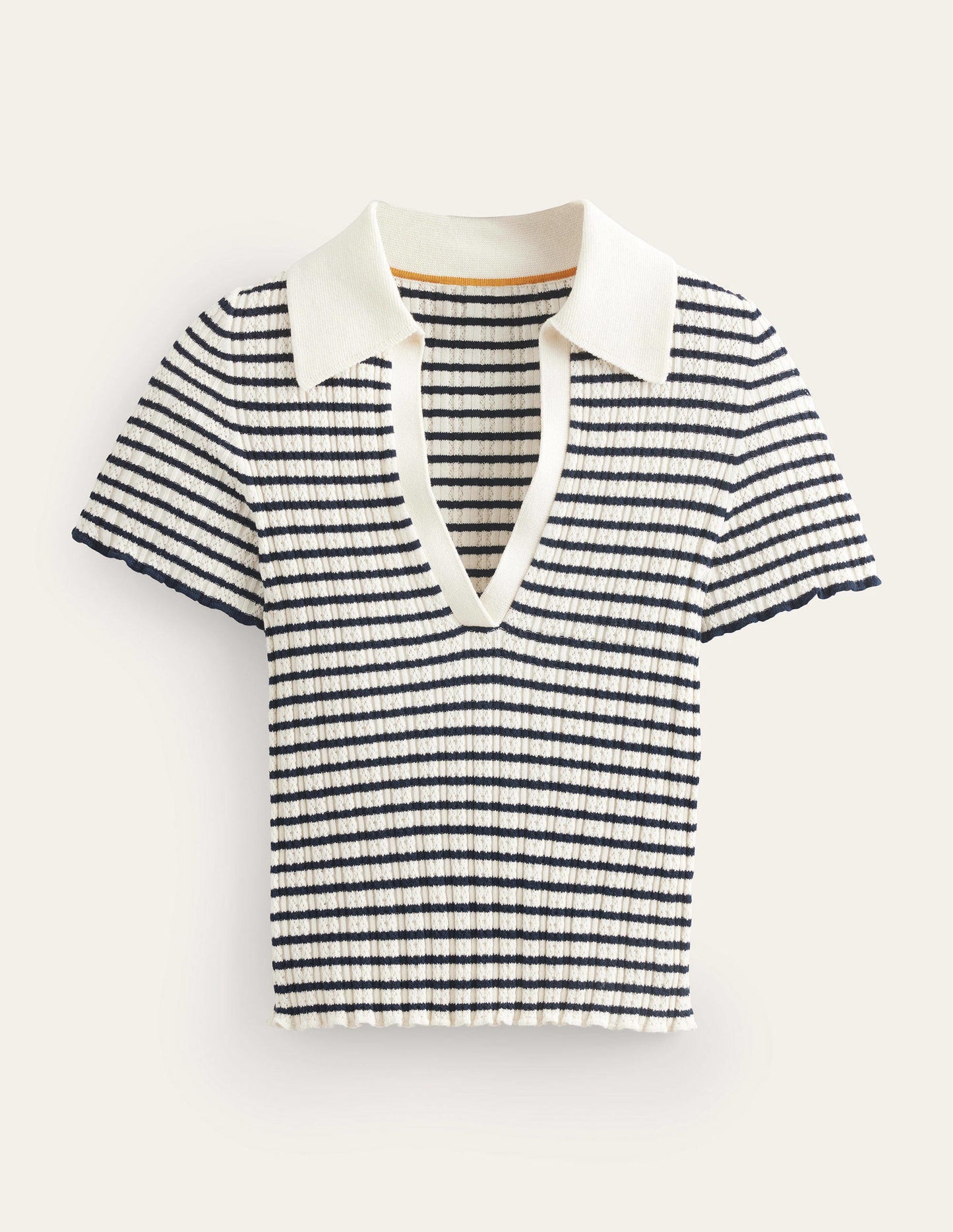 Ribbed Pointelle Collared Top-Ivory, Navy Stripe
