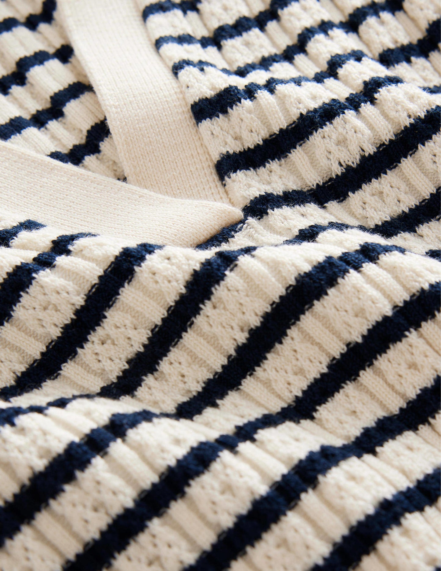Ribbed Pointelle Collared Top-Ivory, Navy Stripe