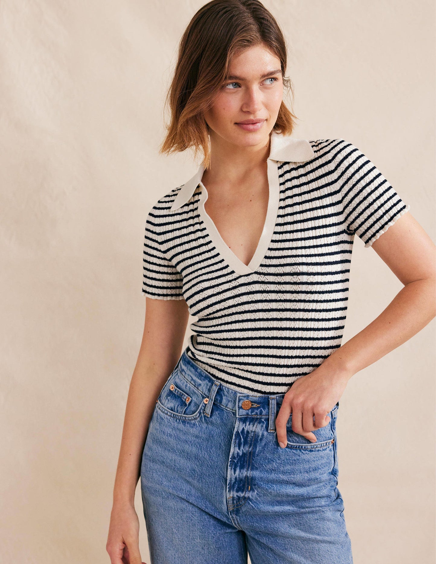Ribbed Pointelle Collared Top-Ivory, Navy Stripe