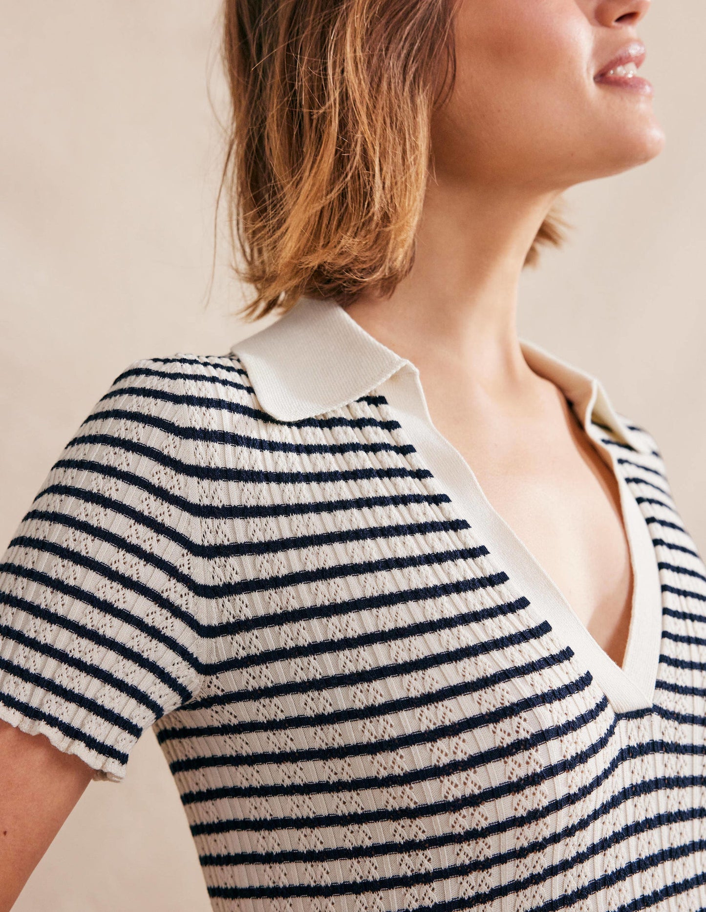 Ribbed Pointelle Collared Top-Ivory, Navy Stripe