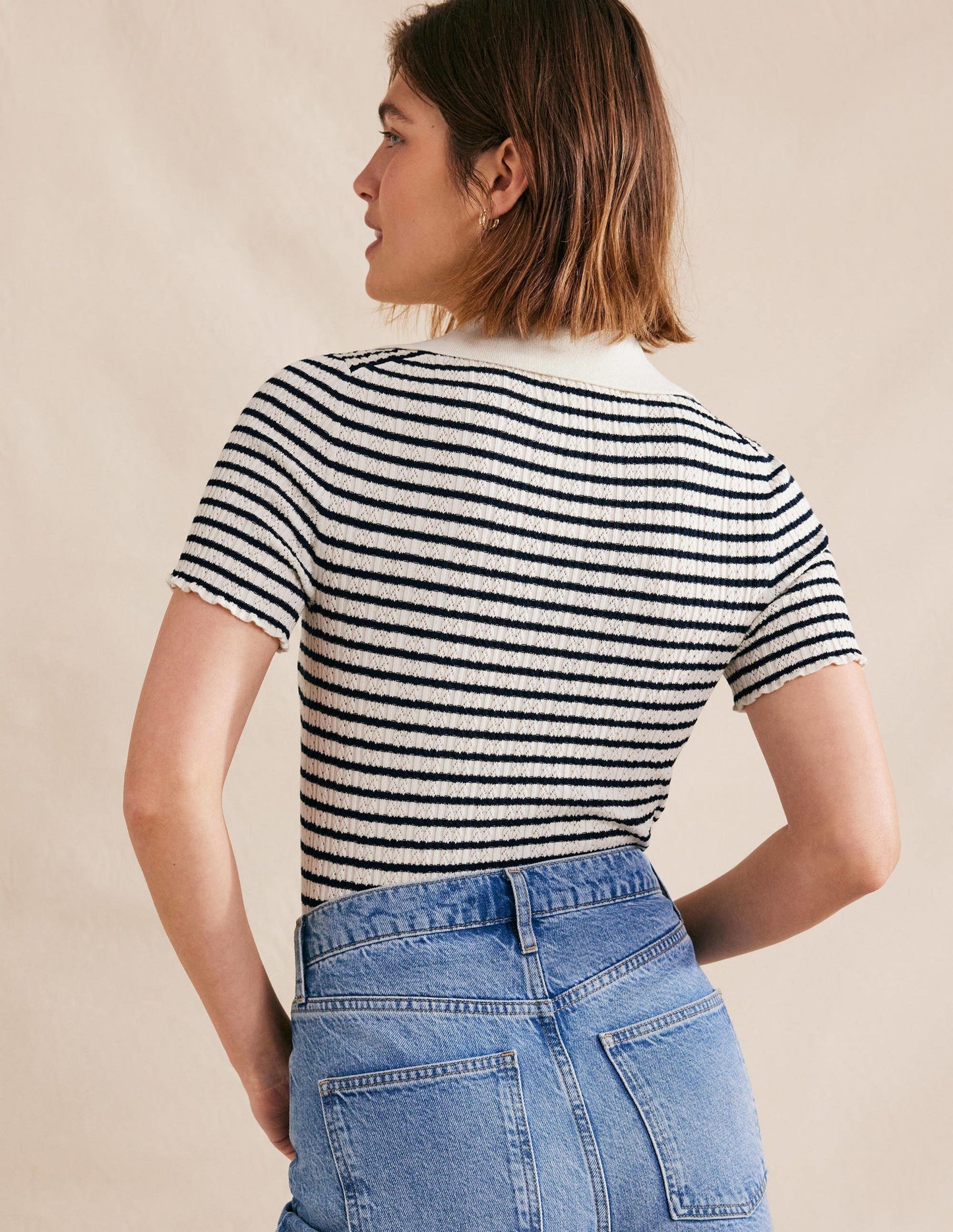 Ribbed Pointelle Collared Top-Ivory, Navy Stripe