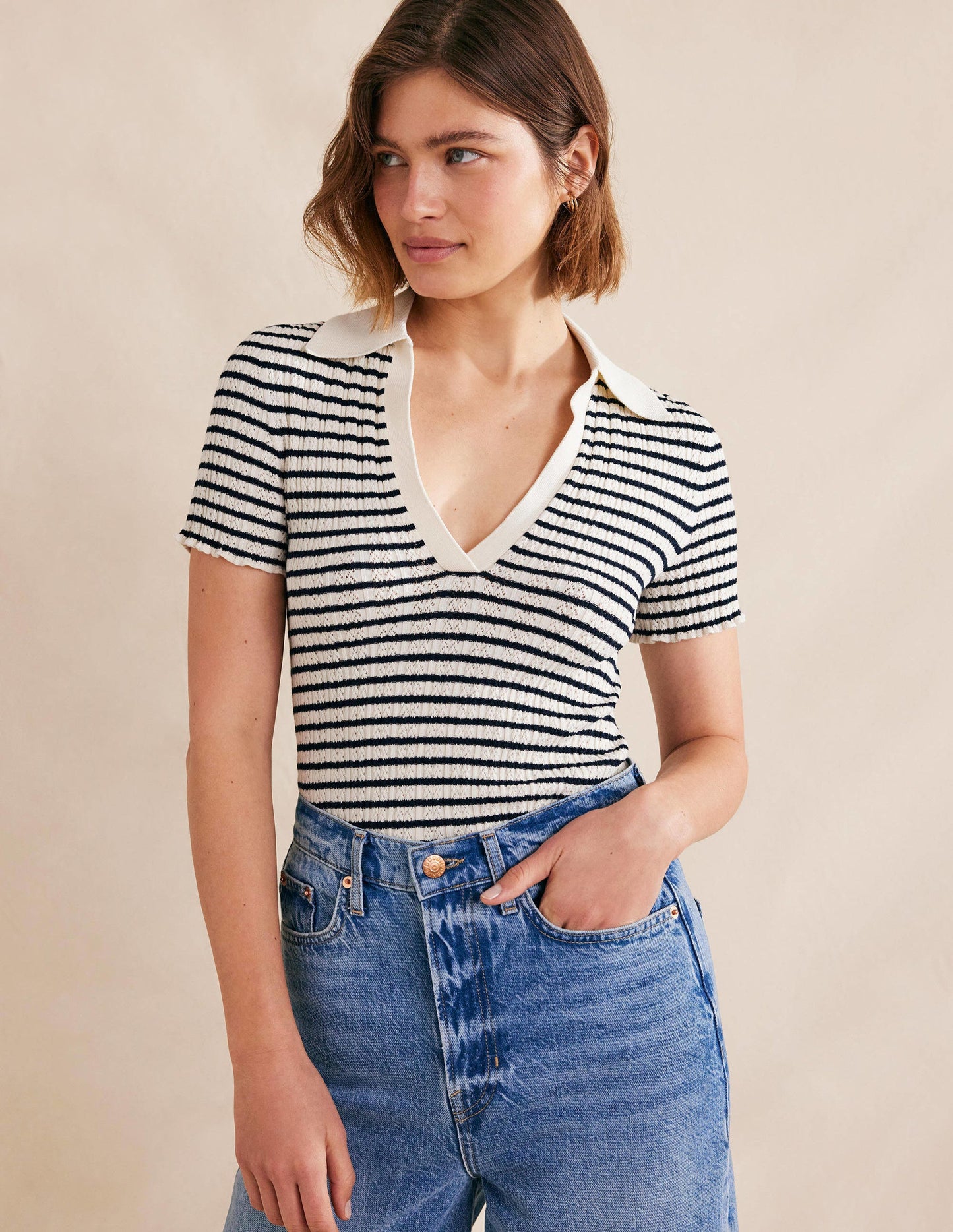 Ribbed Pointelle Collared Top-Ivory, Navy Stripe