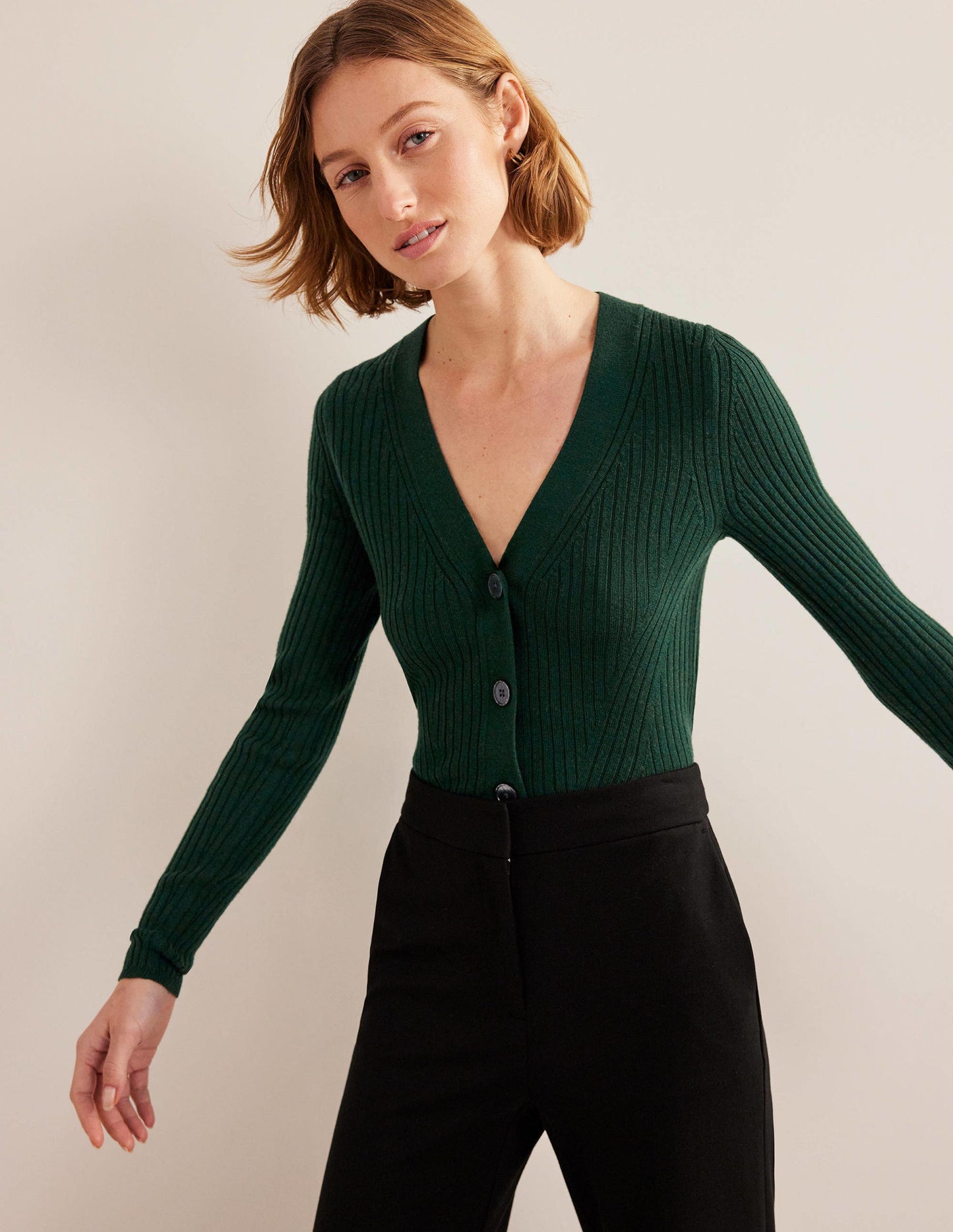 Merino Cropped RIb Cardigan-Emerald Night