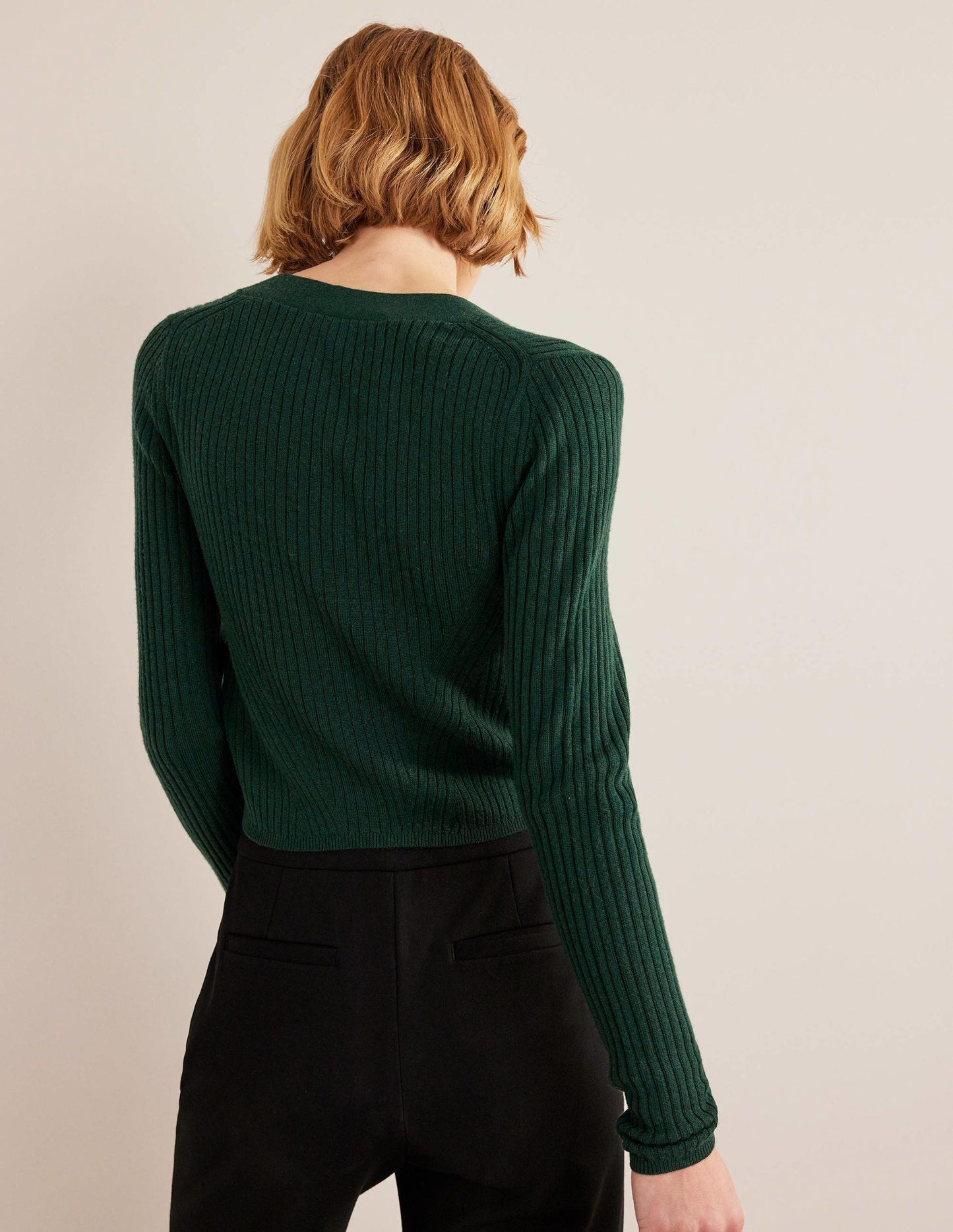 Merino Cropped RIb Cardigan-Emerald Night