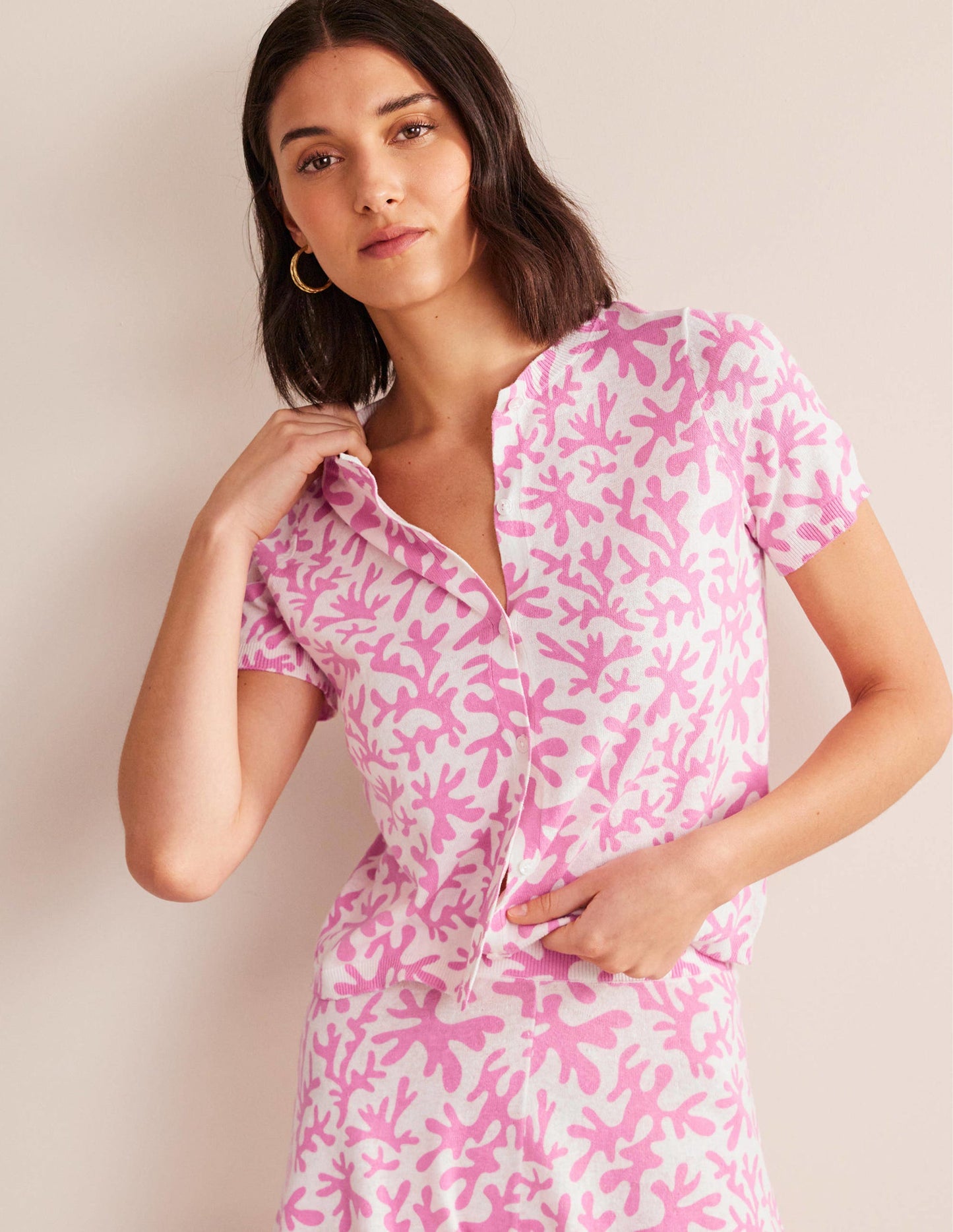 Printed Beach Cardigan-Plum Blossom, Abstract Foliage