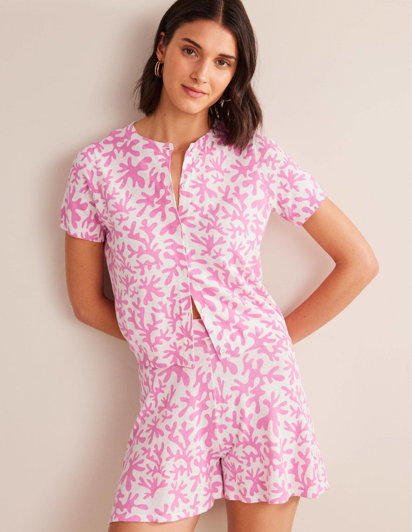 Printed Beach Cardigan-Plum Blossom, Abstract Foliage