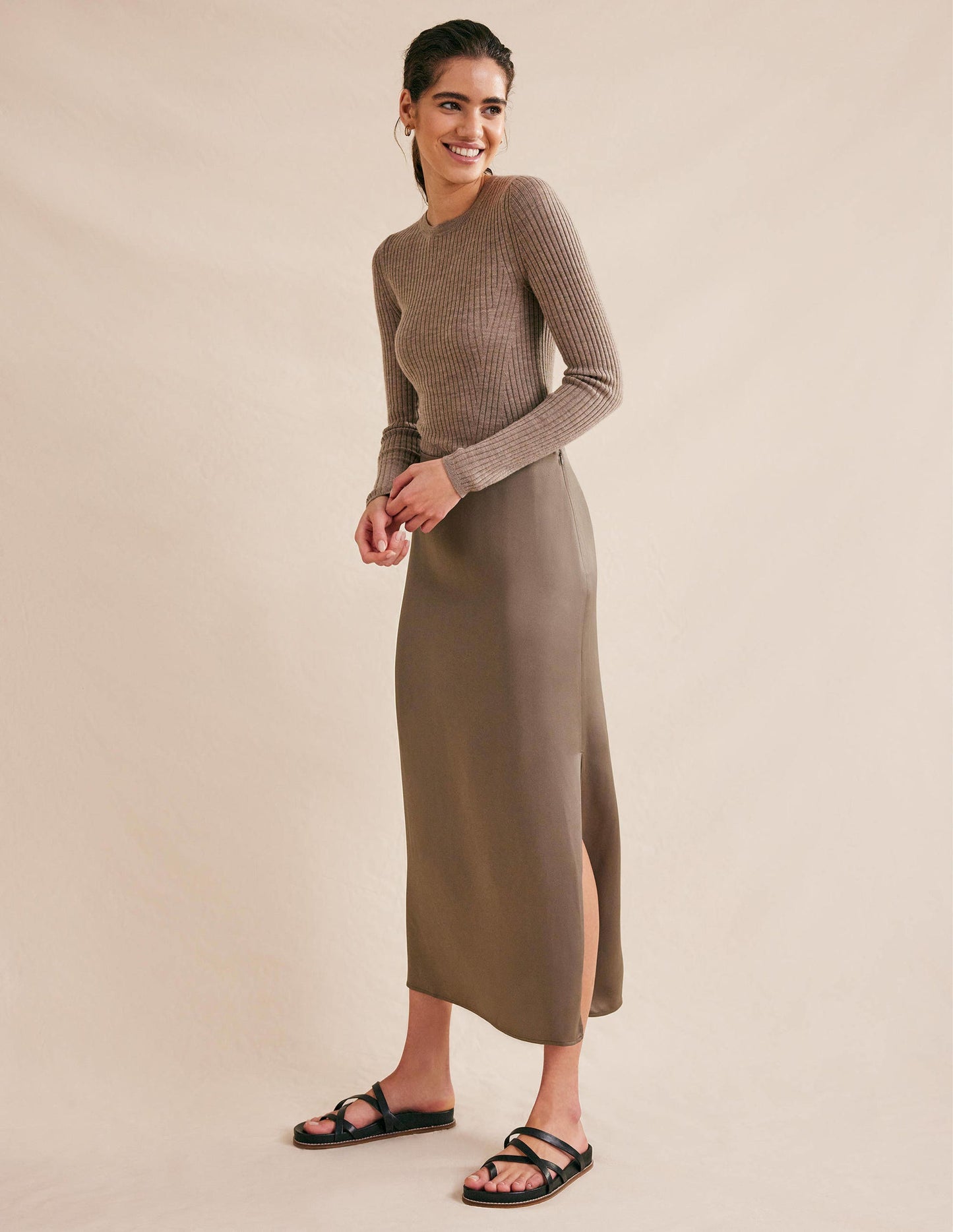 Satin Column Skirt-Morel