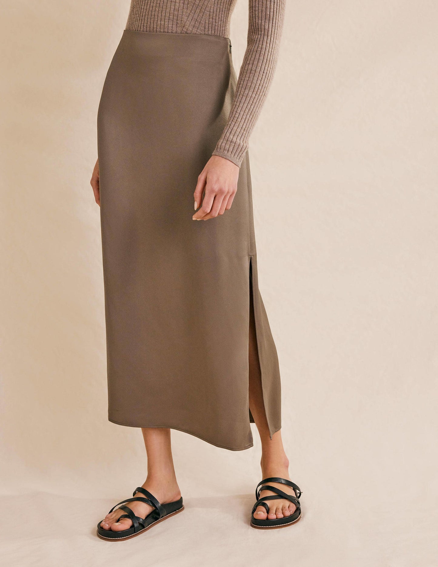 Satin Column Skirt-Morel