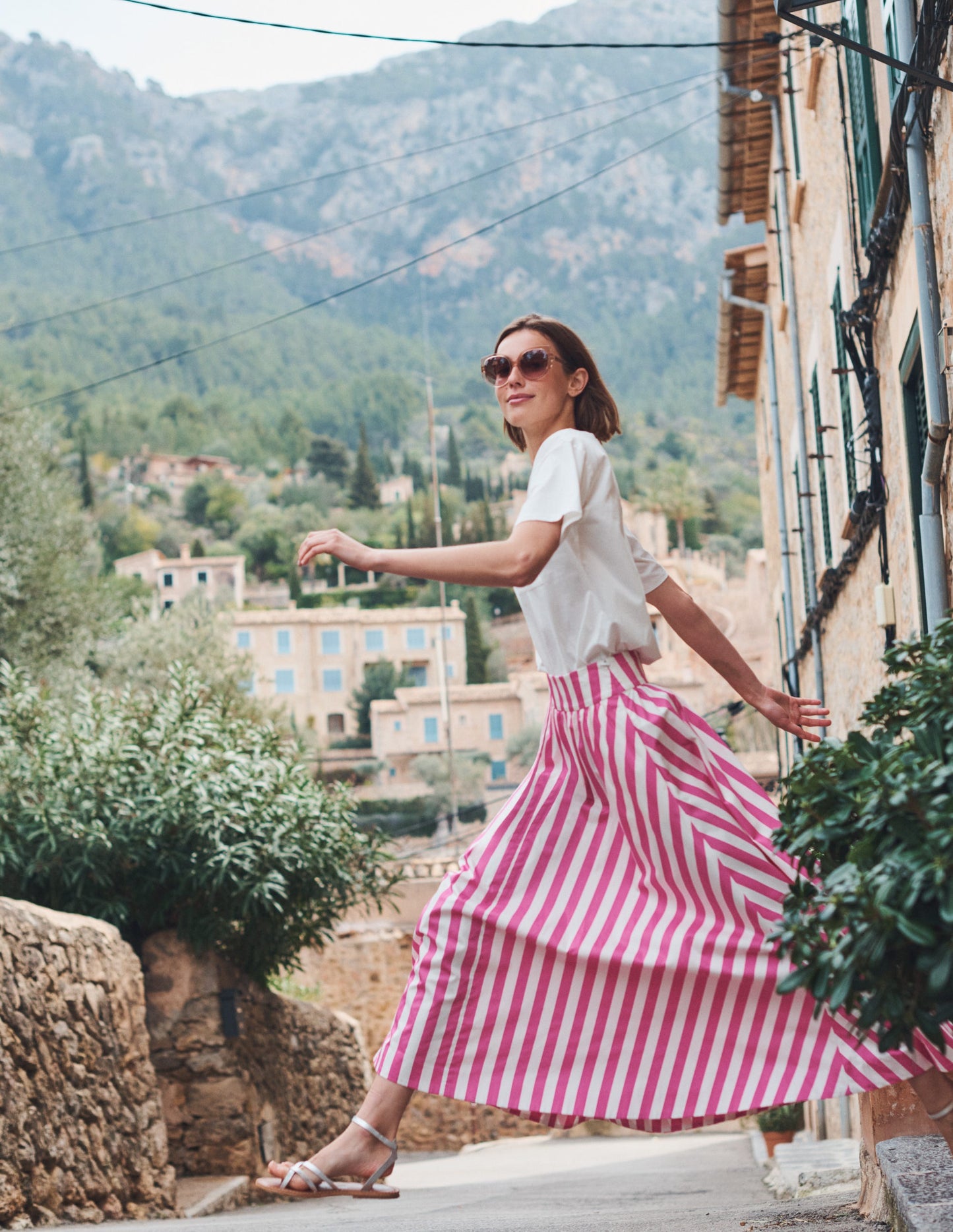 Full Printed Maxi Skirt-Pink Stripe