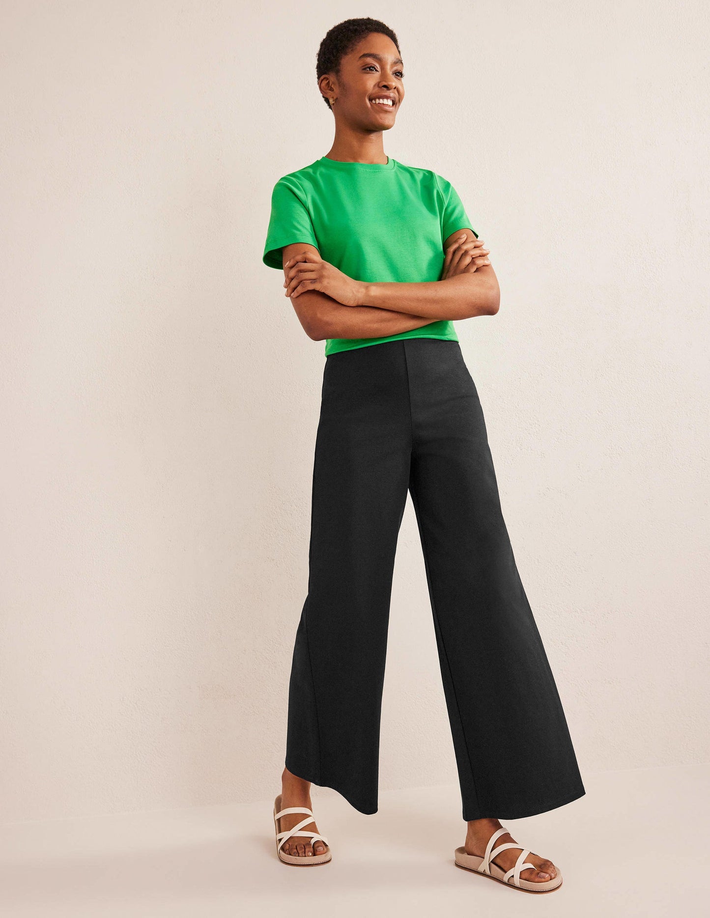 Wide Leg Jersey Trousers-Black