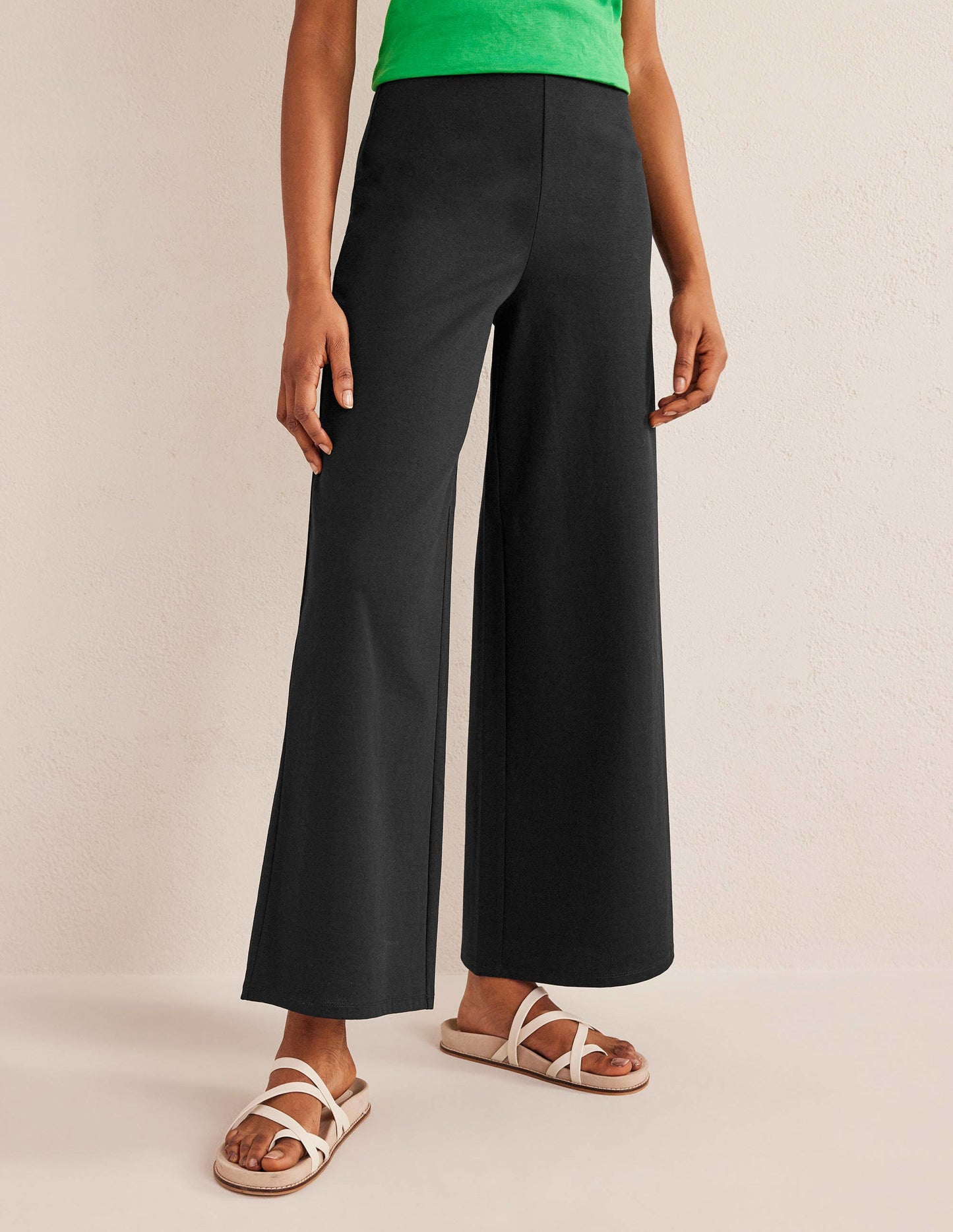 Wide Leg Jersey Trousers-Black
