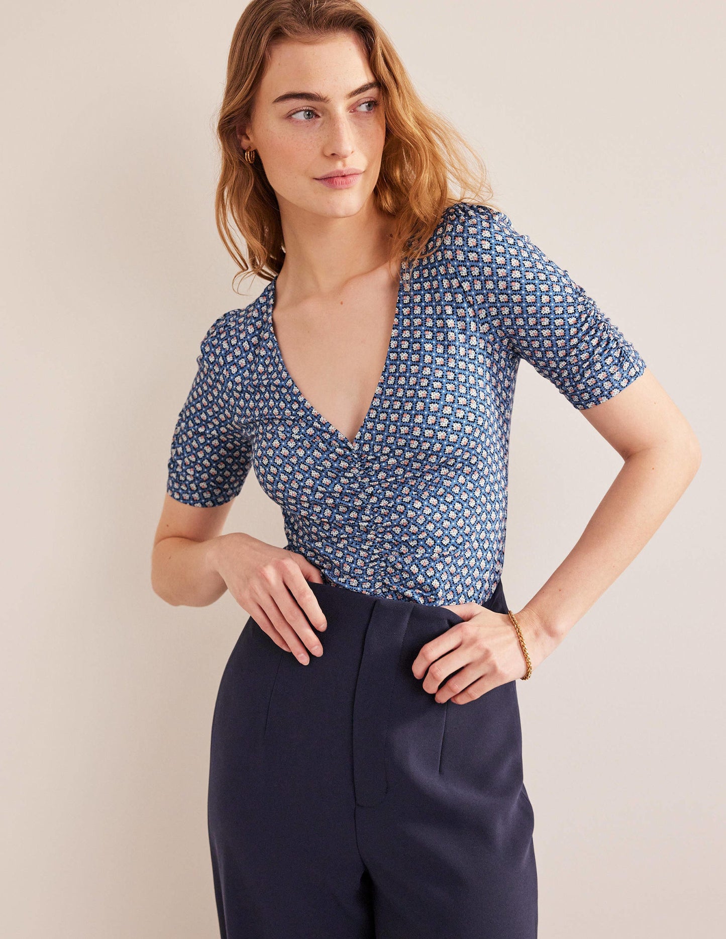 Ruched Front Printed Top-Porcelain Blue, Bloom Bud