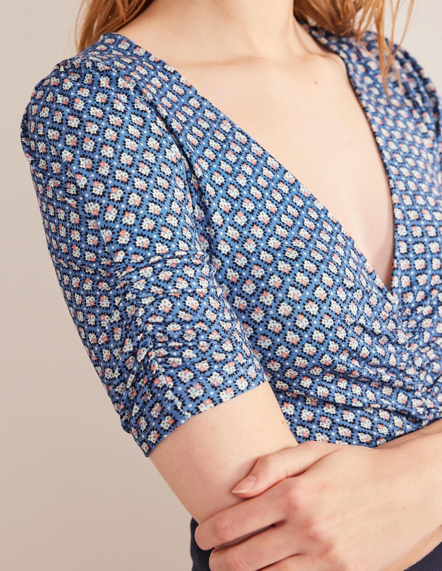 Ruched Front Printed Top-Porcelain Blue, Bloom Bud