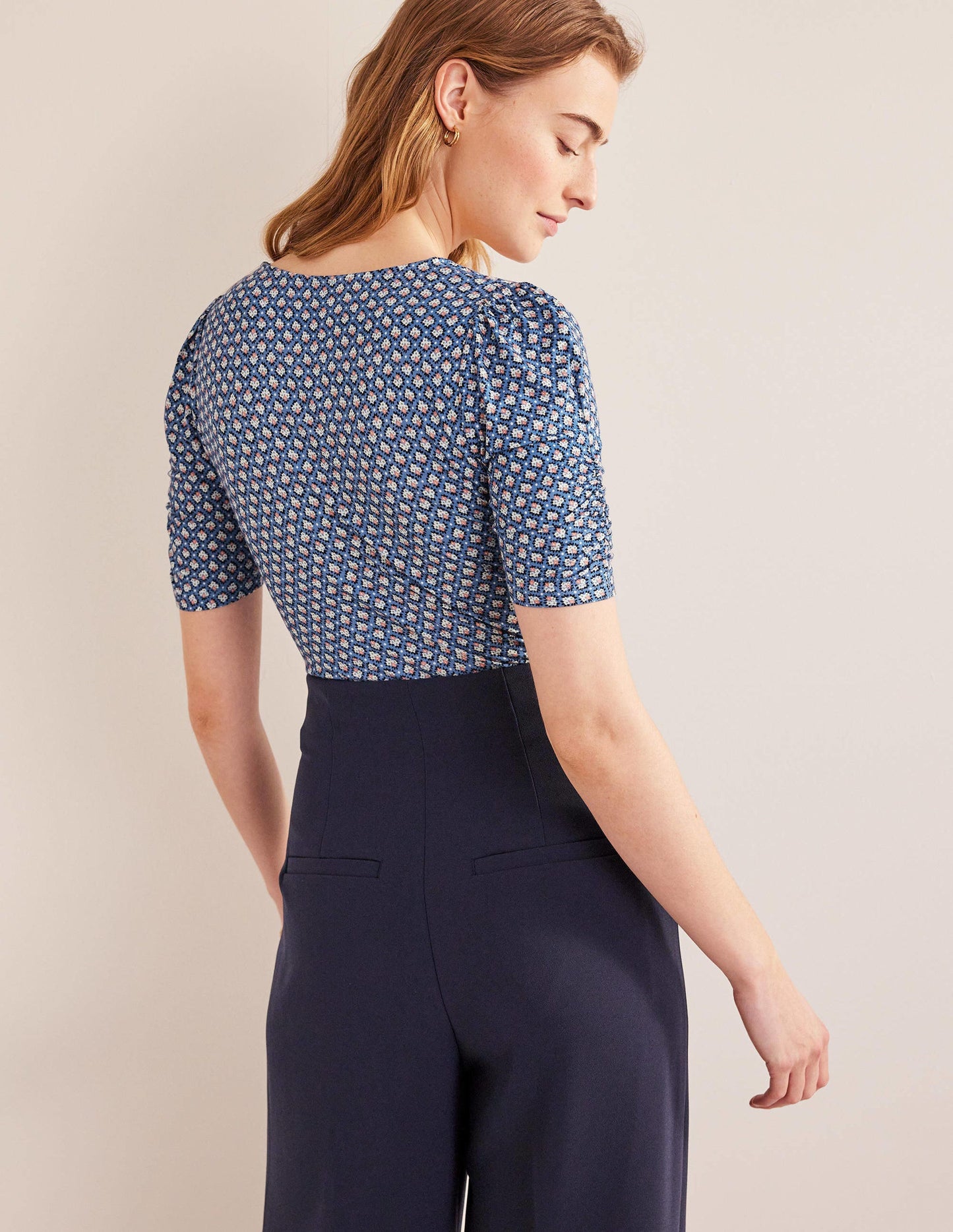Ruched Front Printed Top-Porcelain Blue, Bloom Bud