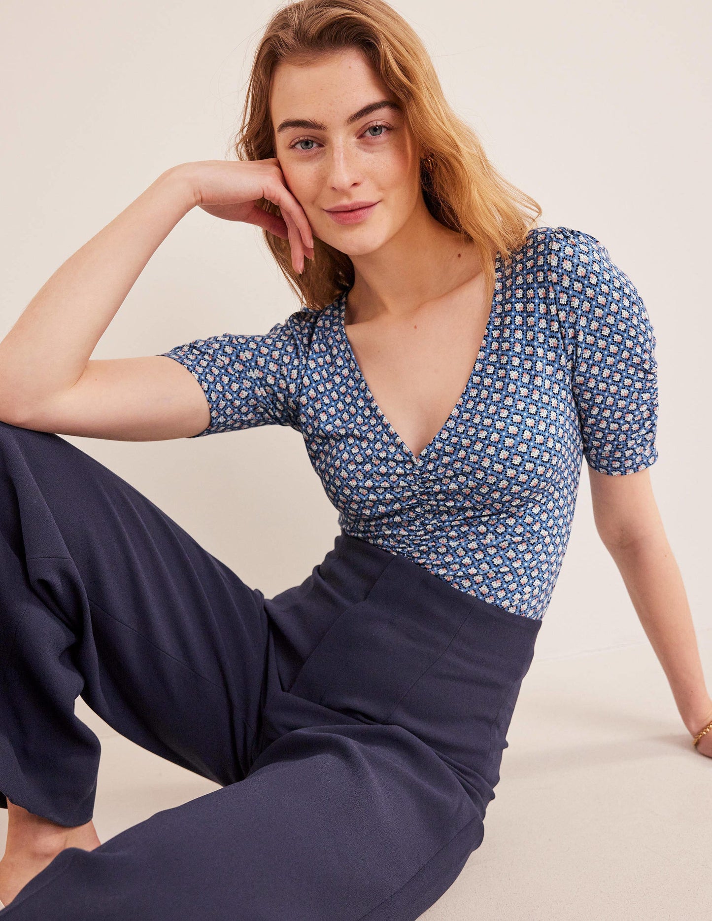 Ruched Front Printed Top-Porcelain Blue, Bloom Bud