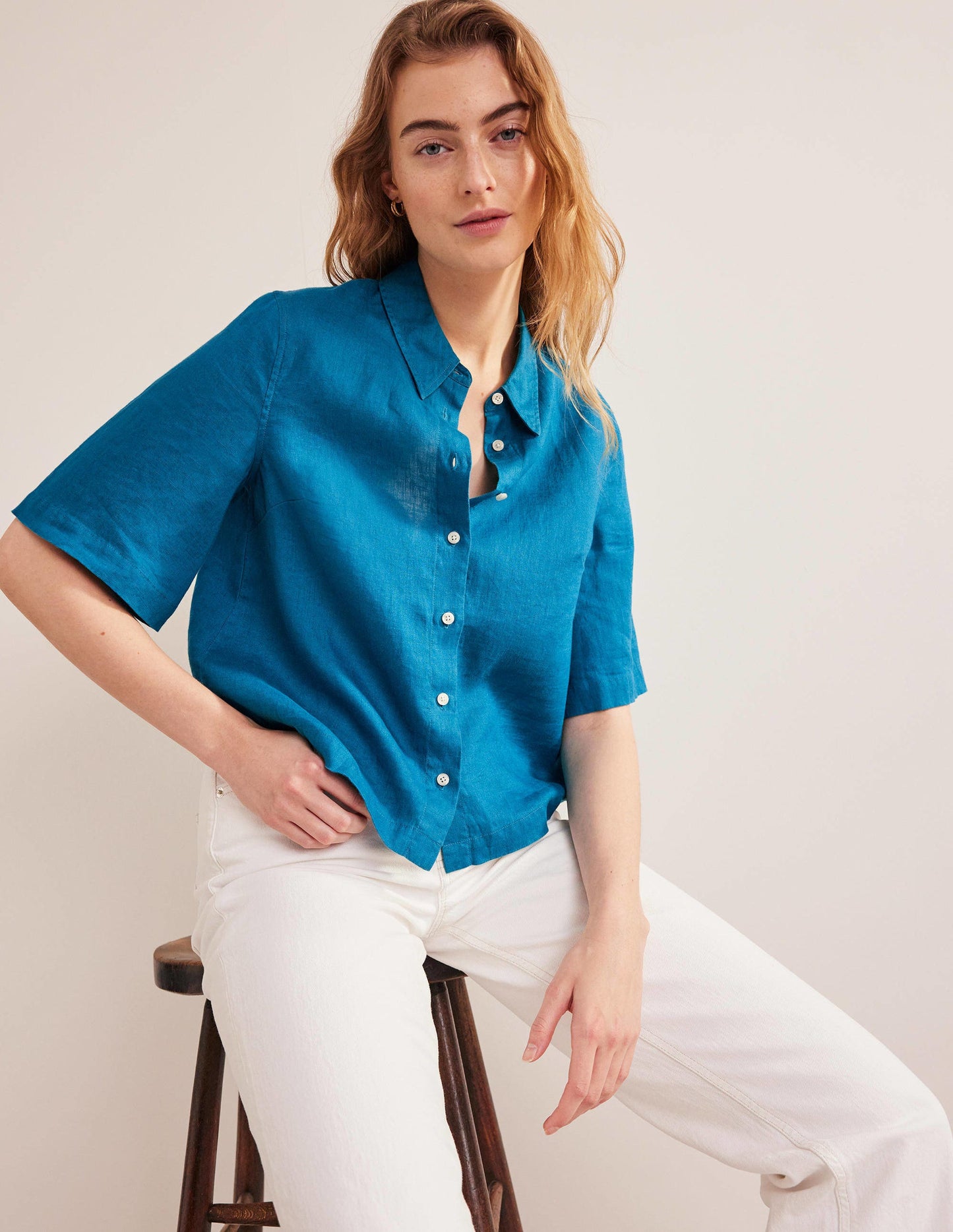 Short Sleeve Linen Shirt-Crystal Teal