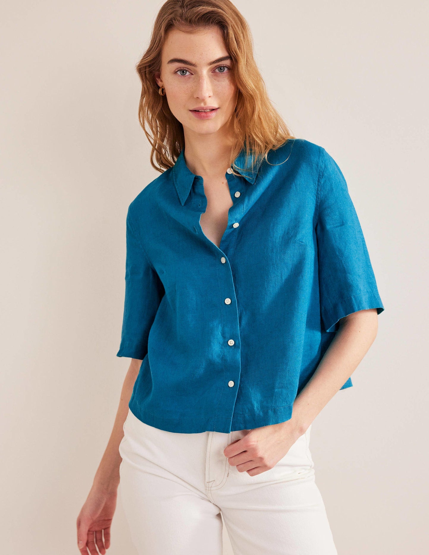 Short Sleeve Linen Shirt-Crystal Teal