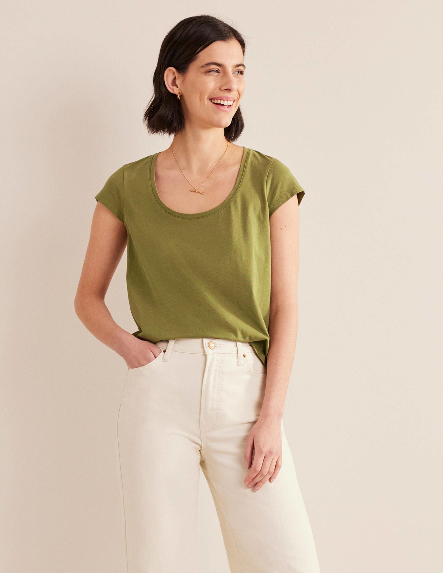 Pure Cotton Scoop Neck T-Shirt-Capulet Olive