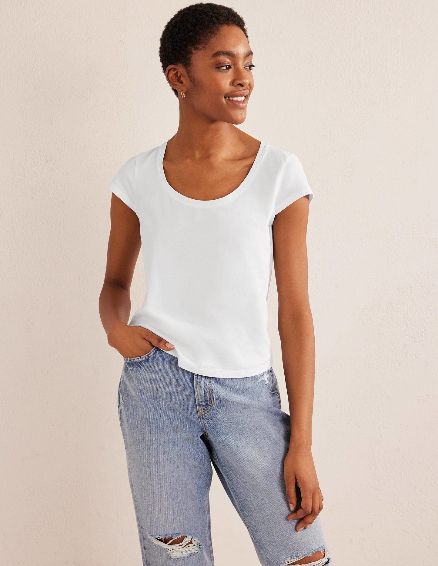 Pure Cotton Scoop Neck T-Shirt-White