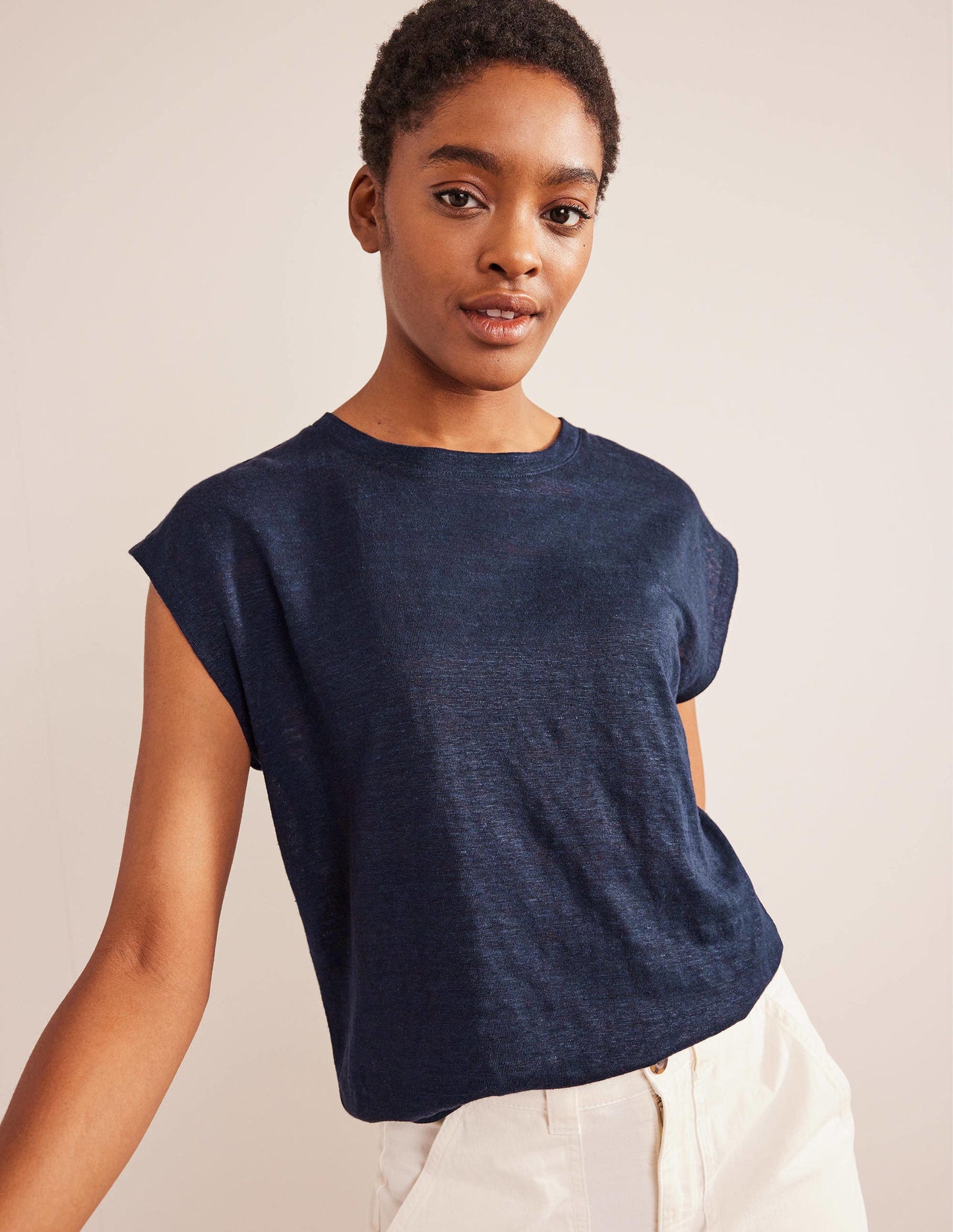 Crew Neck Linen T-shirt-Navy