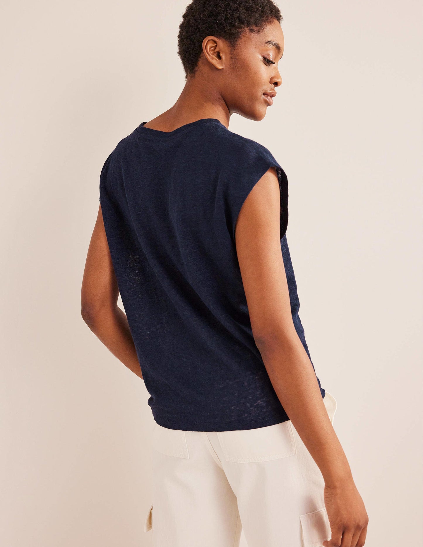 Crew Neck Linen T-shirt-Navy