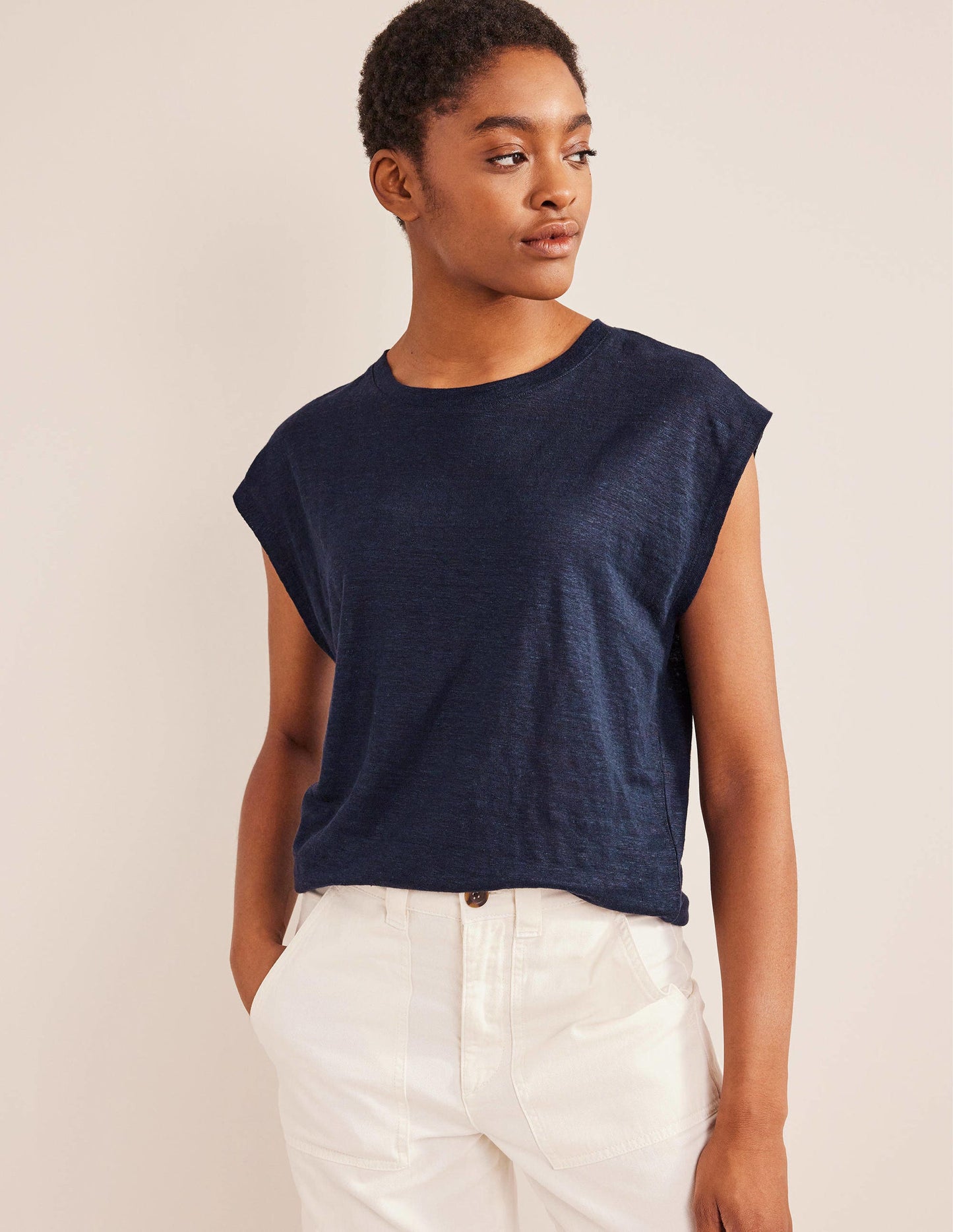 Crew Neck Linen T-shirt-Navy