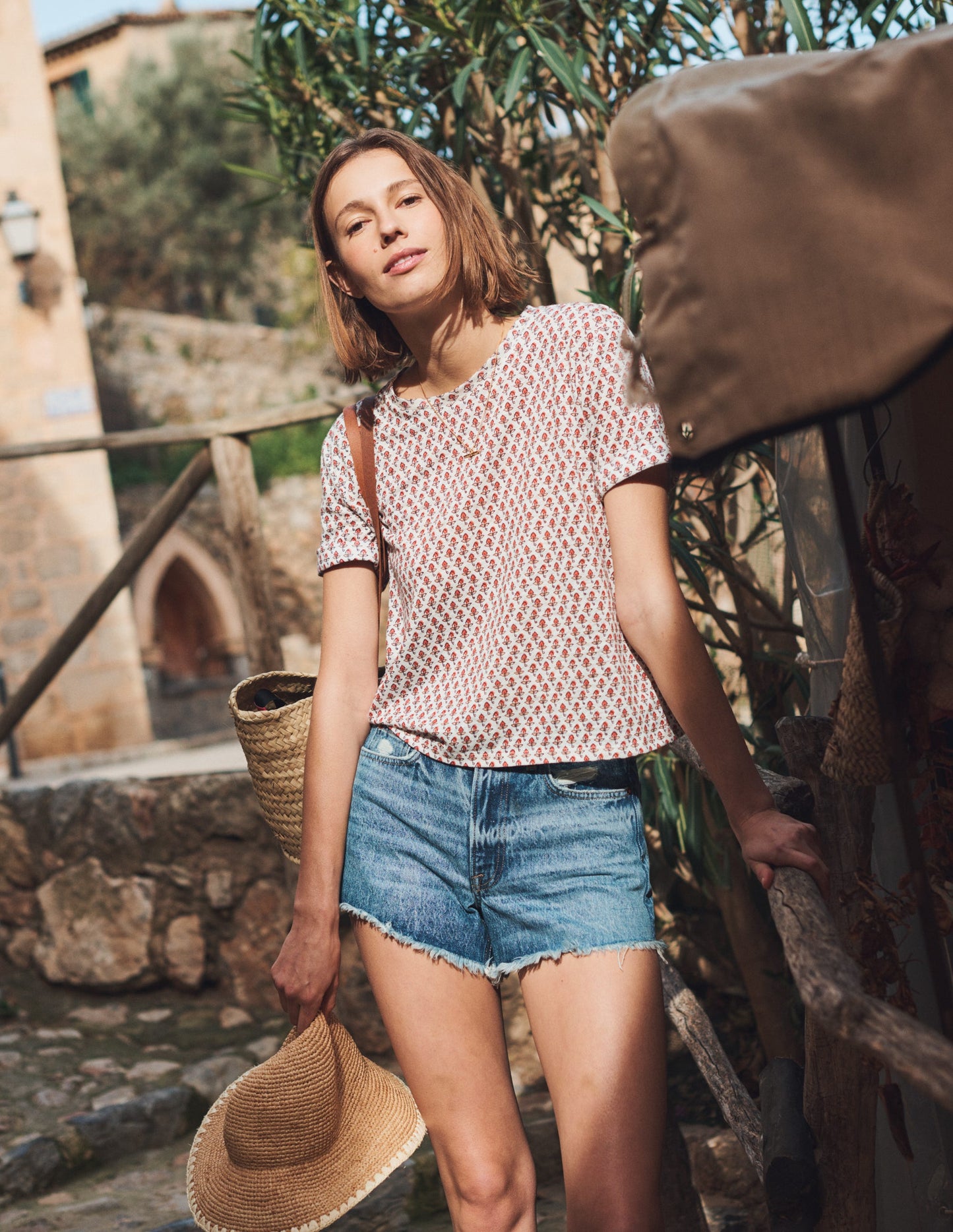 Printed Linen T-shirt-Ivory, Tulip Blush
